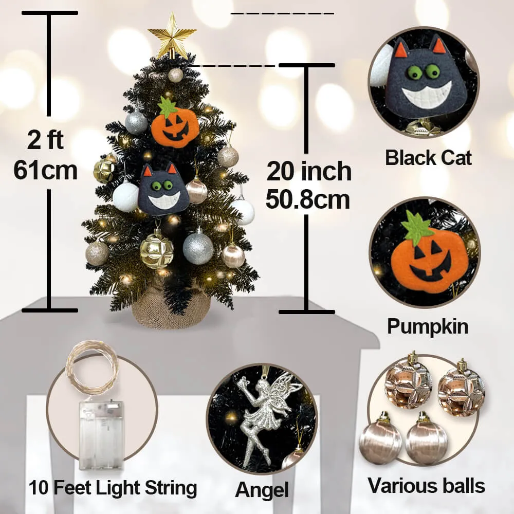 2FT Halloween Decoration Tabletop Christmas Tree With Lights And Ornaments