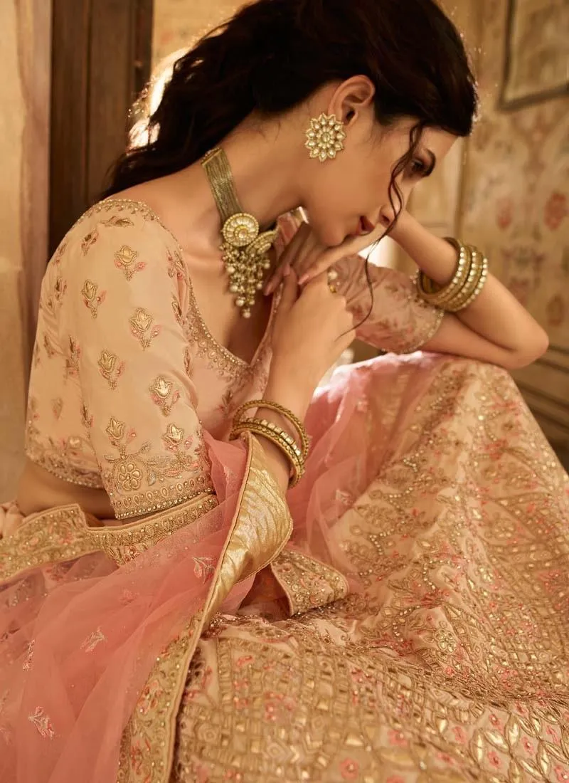 Adorable Look Peach Color Gota And Stone Work Crepe Fabric Lehenga