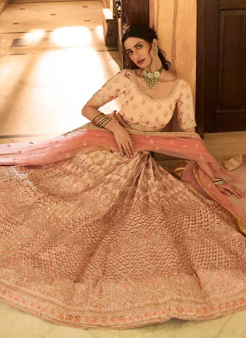 Adorable Look Peach Color Gota And Stone Work Crepe Fabric Lehenga