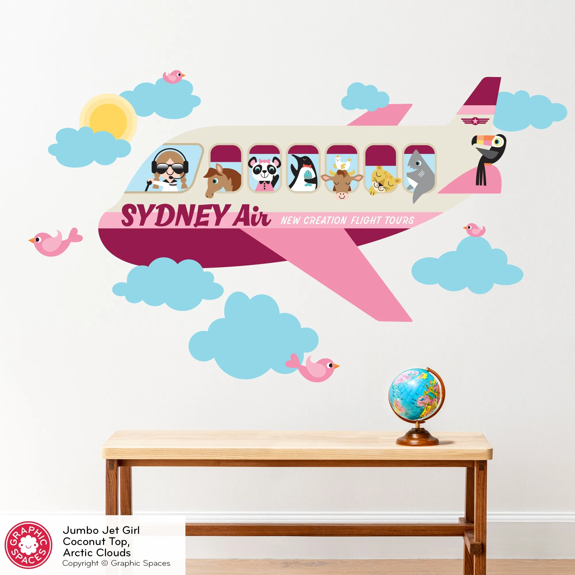 Airplane Animal Passenger Jumbo Jet Fabric Wall Decal - Personalized Girl