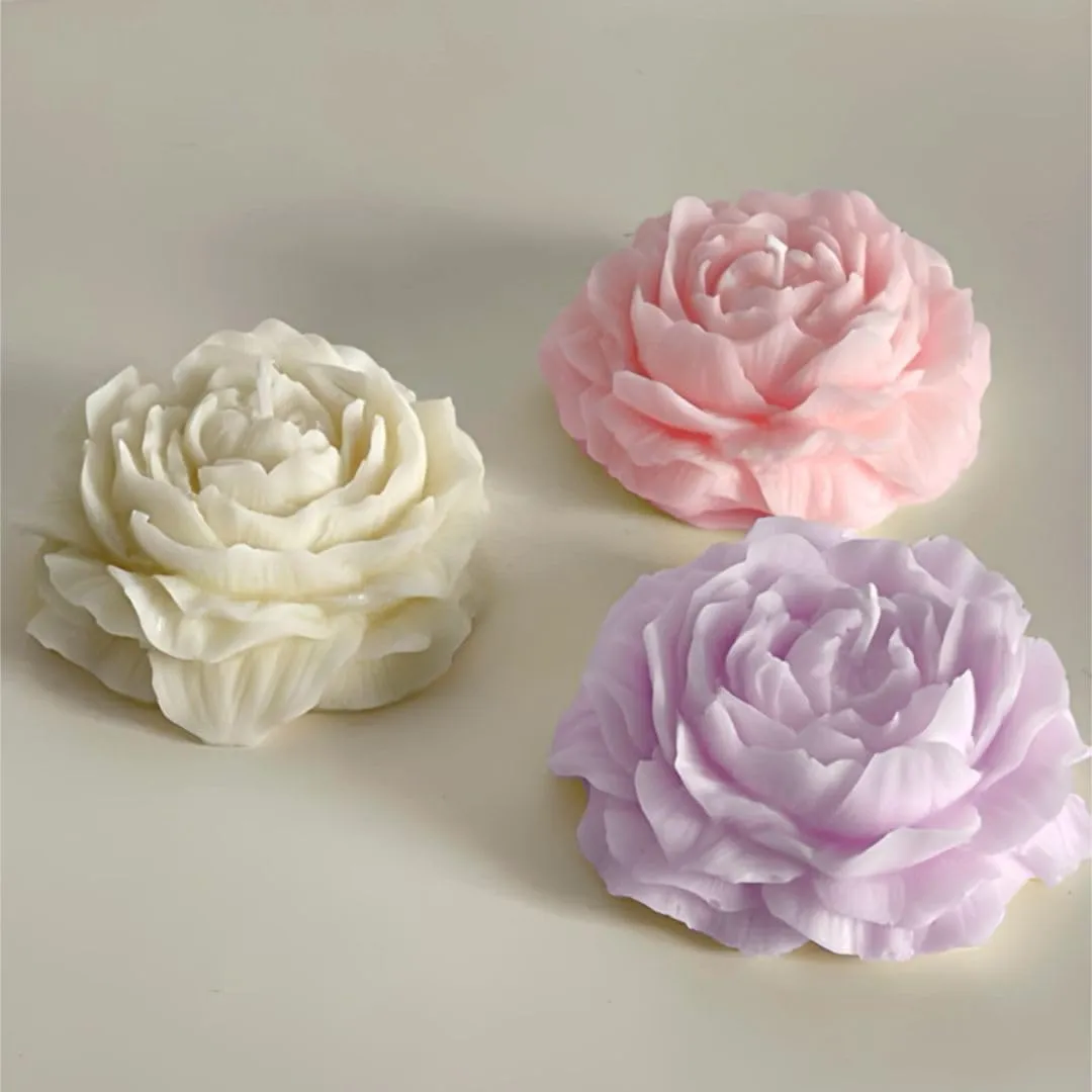 BeVibrance Peony Flower Shaped Scented Candle (Pack of 3) - 100% Soy Wax, Vanilla & Fruit Aroma, 120gm each, Non-Toxic, 10-15 Hrs Burn Time, Perfect for Gifts & Decor - White, Pink & Lavender