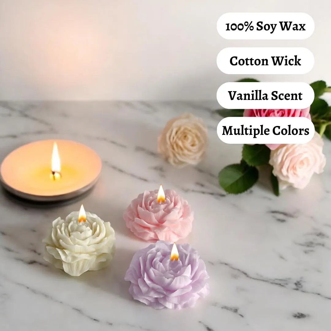 BeVibrance Peony Flower Shaped Scented Candle (Pack of 3) - 100% Soy Wax, Vanilla & Fruit Aroma, 120gm each, Non-Toxic, 10-15 Hrs Burn Time, Perfect for Gifts & Decor - White, Pink & Lavender