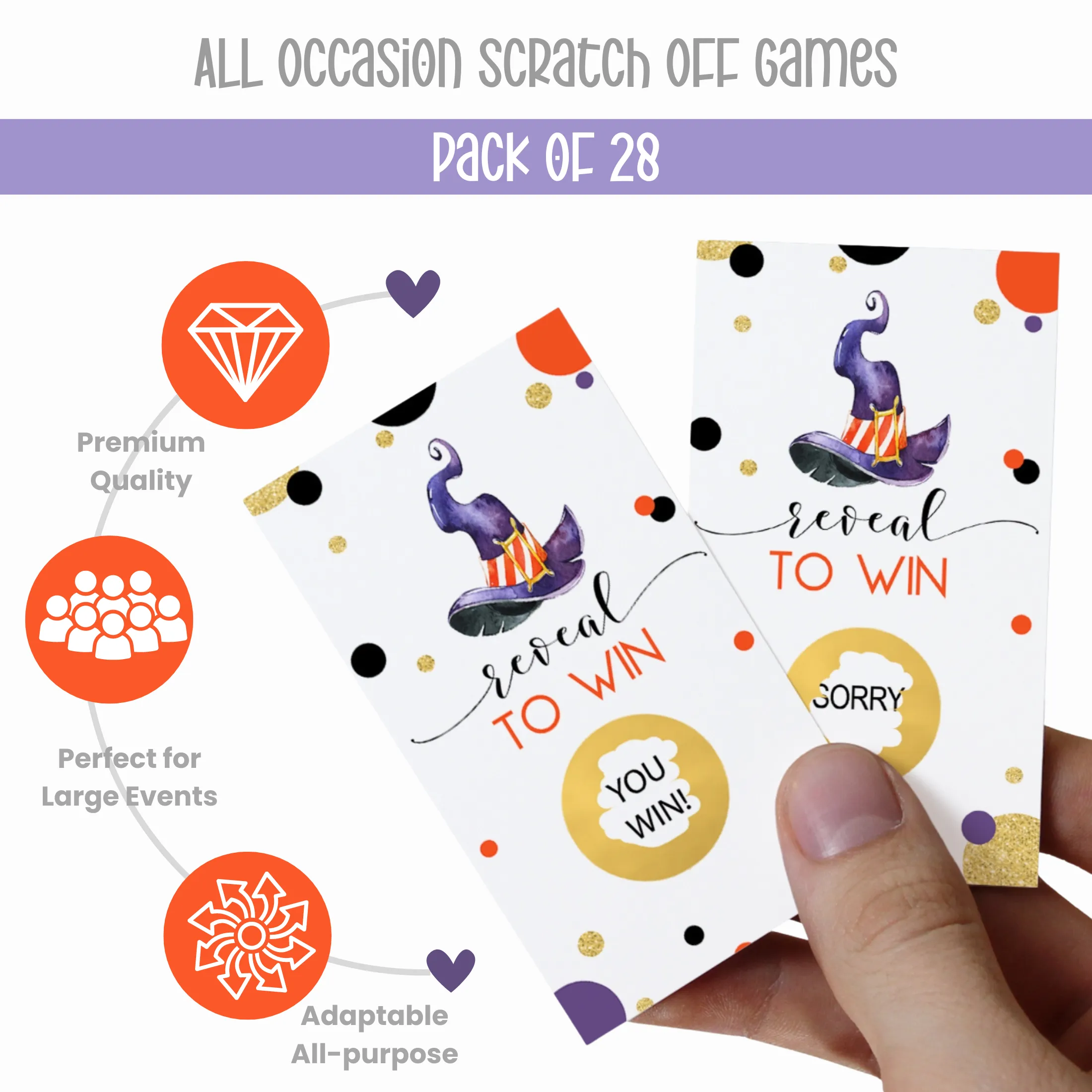 Bewitching Scratch Off Cards (28 Pack) Halloween Party Games for Pumpkin Baby Shower, Raffle Tickets Drawing Prizes Orange and Purple - Witch Theme Favors