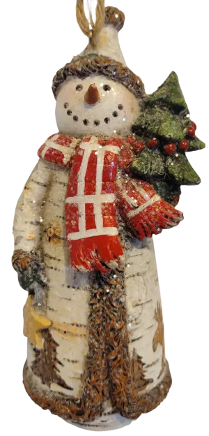 Birch Snowman with Red Scarf Holding Christmas Tree Ornament 5"