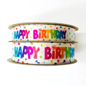 Birthday ribbon Happy Birthday in rainbow colors printed on 5/8" and 7/8" white satin