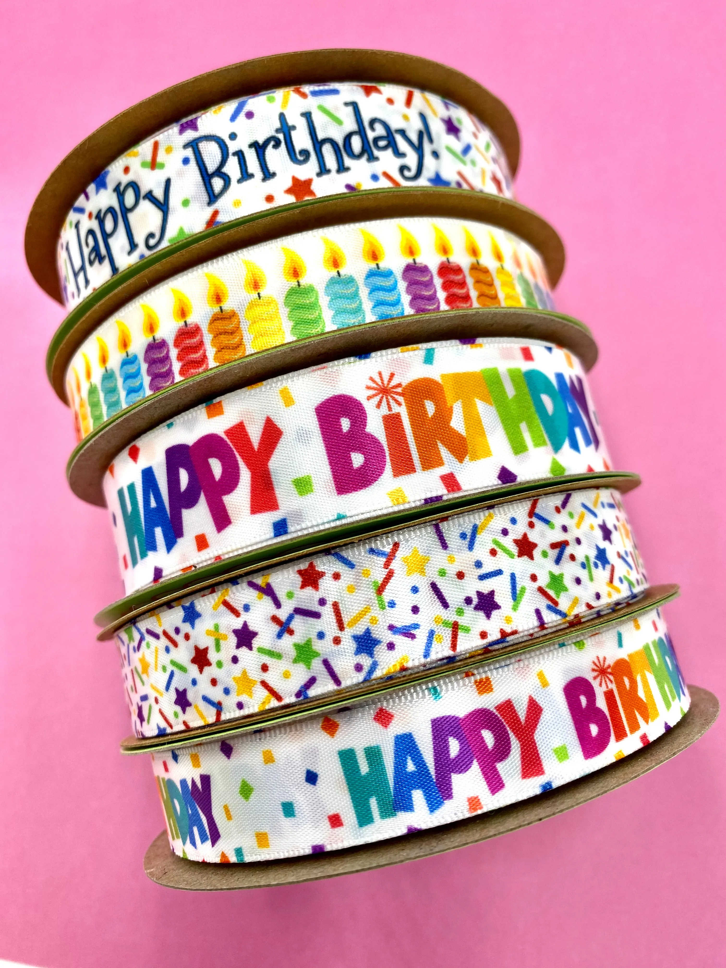 Birthday ribbon Happy Birthday in rainbow colors printed on 5/8" and 7/8" white satin