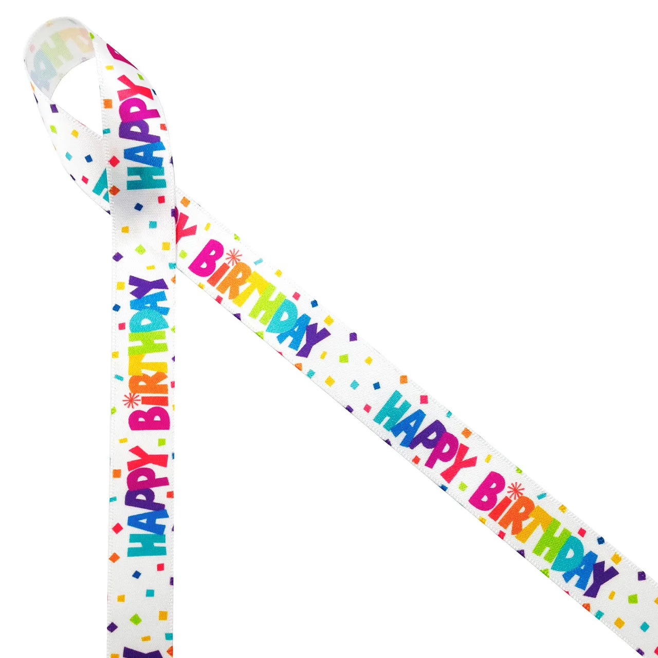 Birthday ribbon Happy Birthday in rainbow colors printed on 5/8" and 7/8" white satin