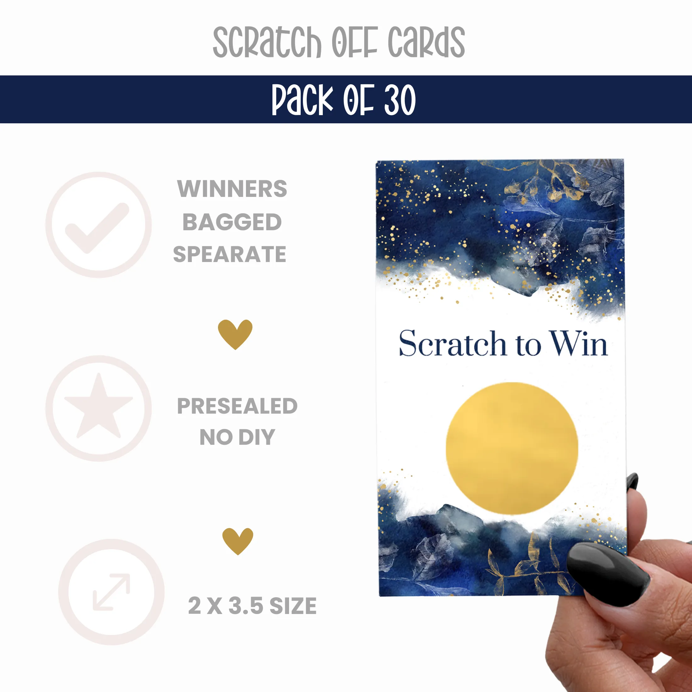 Blue Watercolor Bridal Shower Scratch Off Game Cards (30 Pack) - All Occasions Lottery Scratcher Tickets, Reveal to Win Drawings, Gold Floral Favors