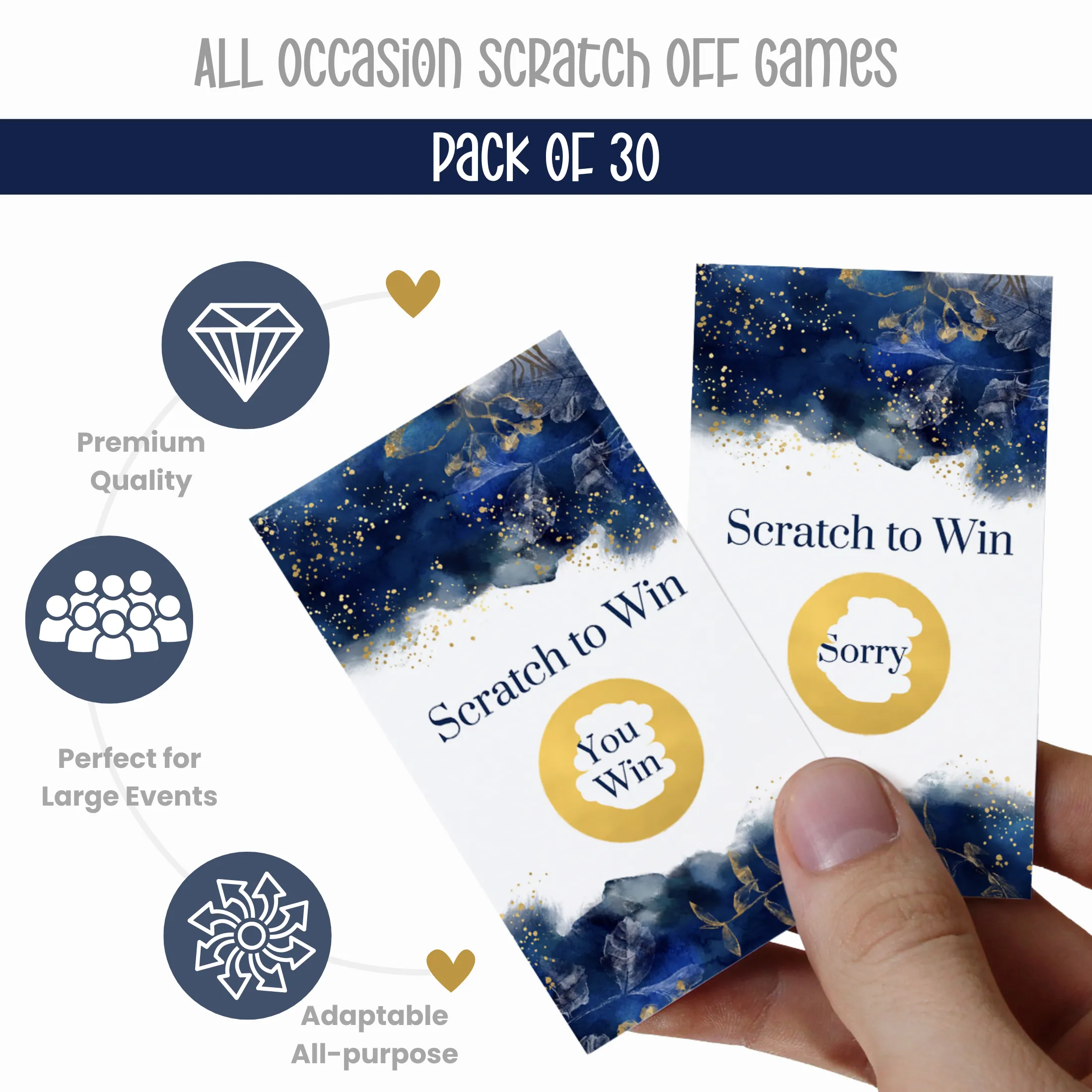 Blue Watercolor Bridal Shower Scratch Off Game Cards (30 Pack) - All Occasions Lottery Scratcher Tickets, Reveal to Win Drawings, Gold Floral Favors