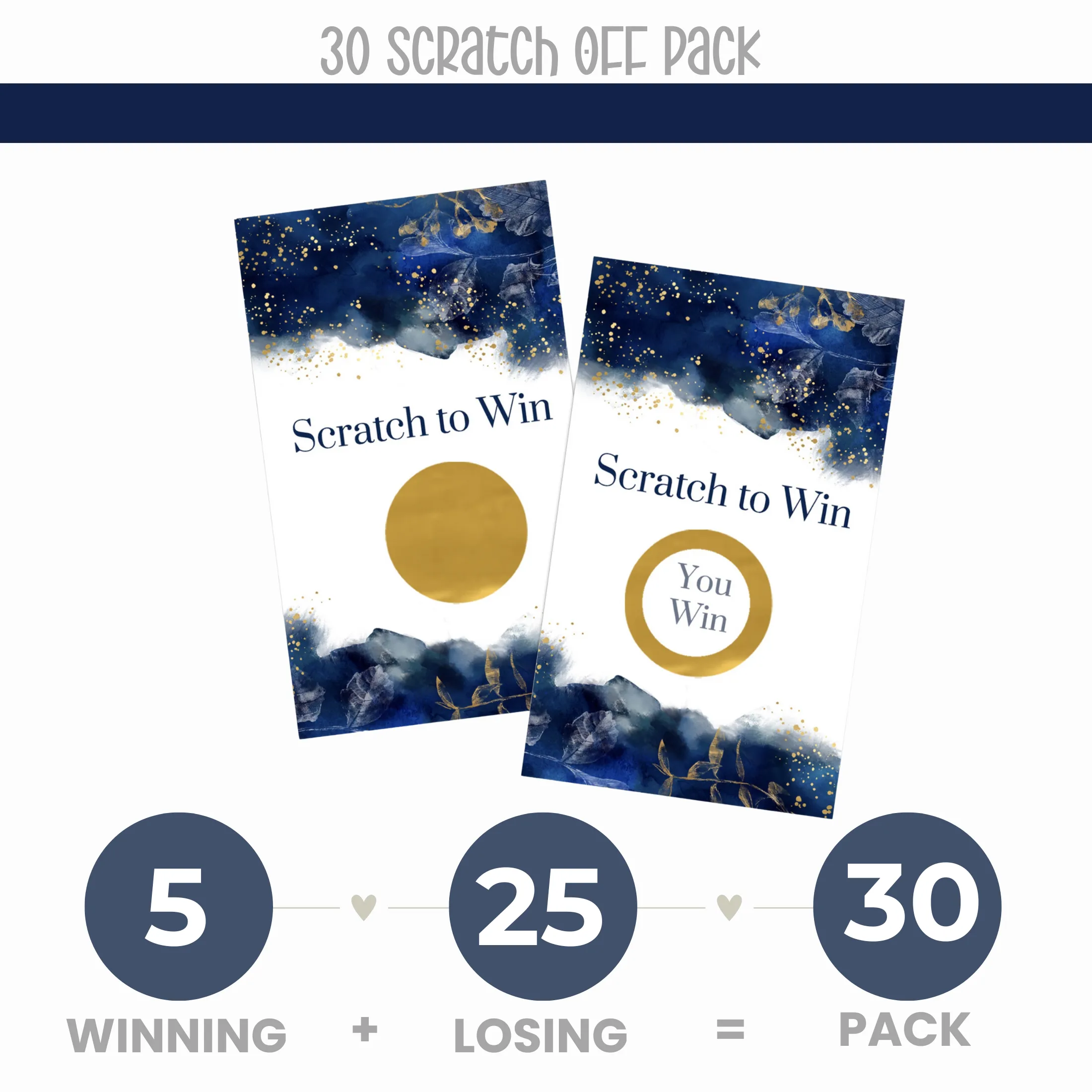 Blue Watercolor Bridal Shower Scratch Off Game Cards (30 Pack) - All Occasions Lottery Scratcher Tickets, Reveal to Win Drawings, Gold Floral Favors