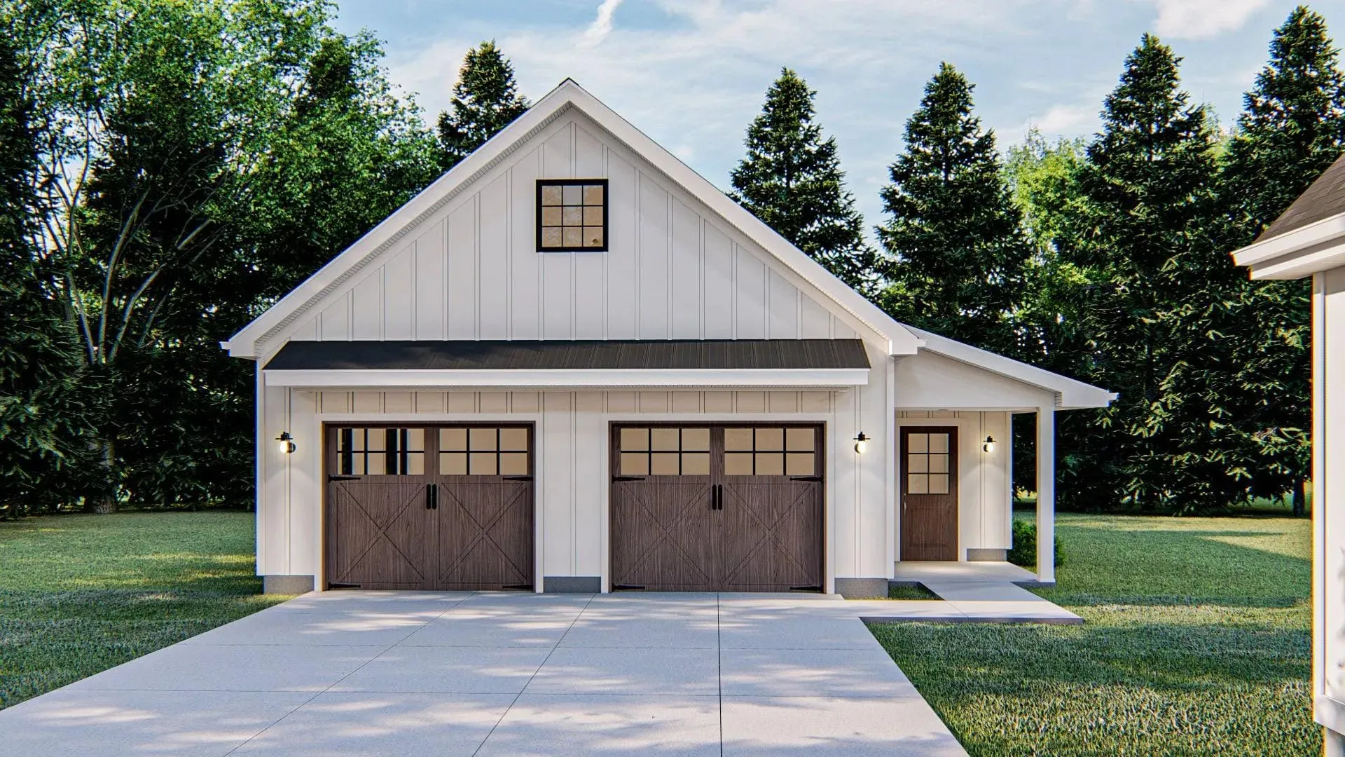 Charming Modern Farmhouse Garage with Dual Bays and Workshop