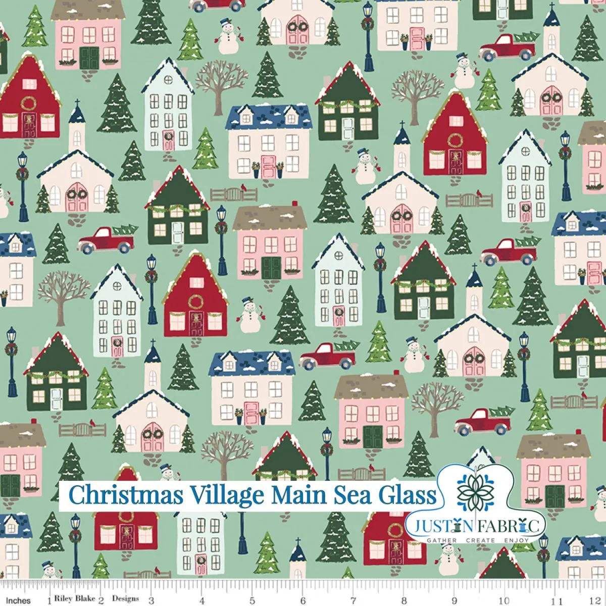 Christmas Village Main Sea Glass Cotton Fabric by Katherine Lenius | Riley Blake Designs