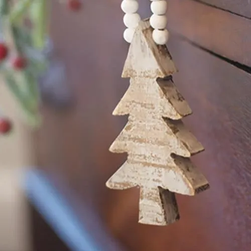 Distressed Wooden Tree Beaded Ornament