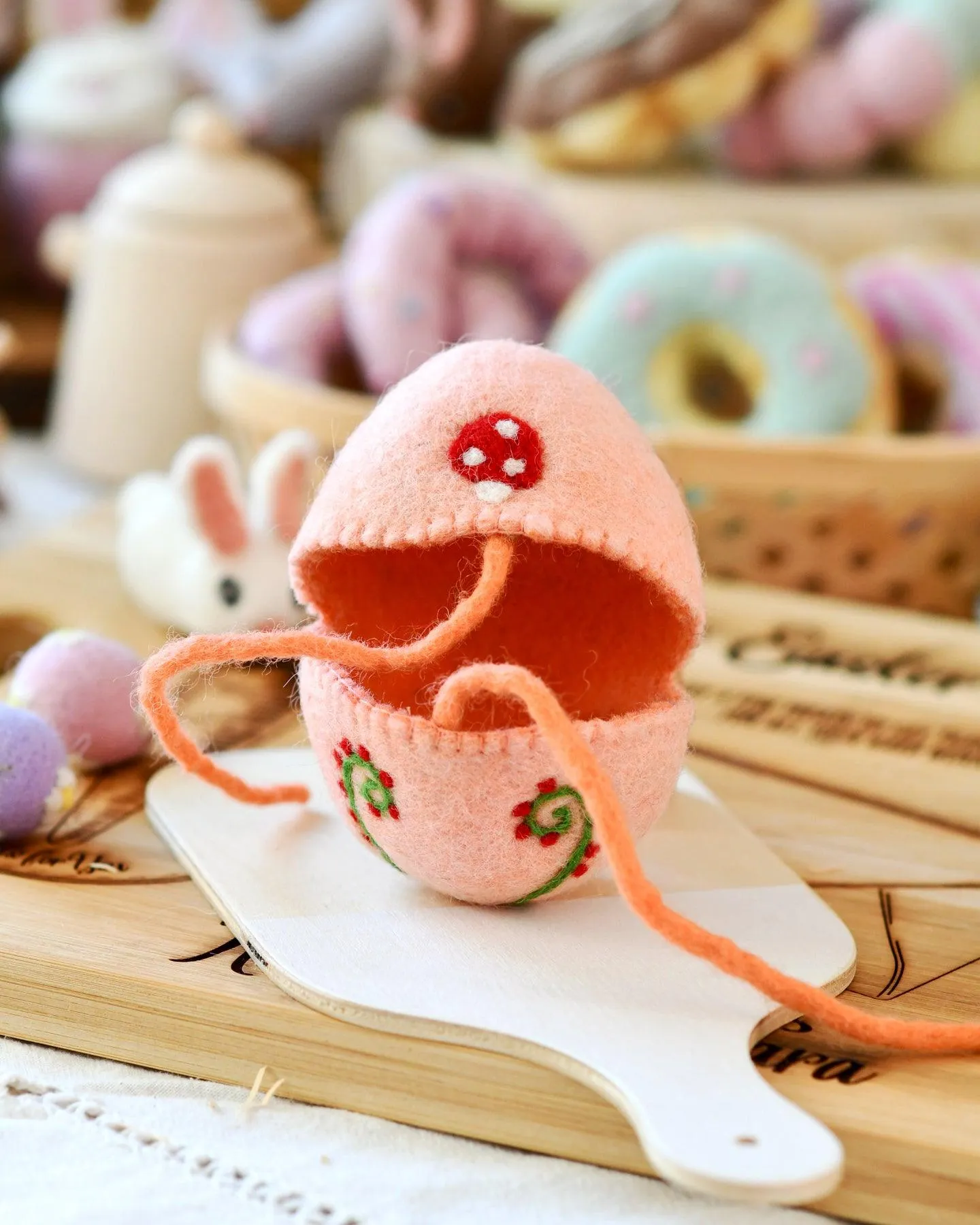 Felt Egg Cover - Peach with Mushroom Motif