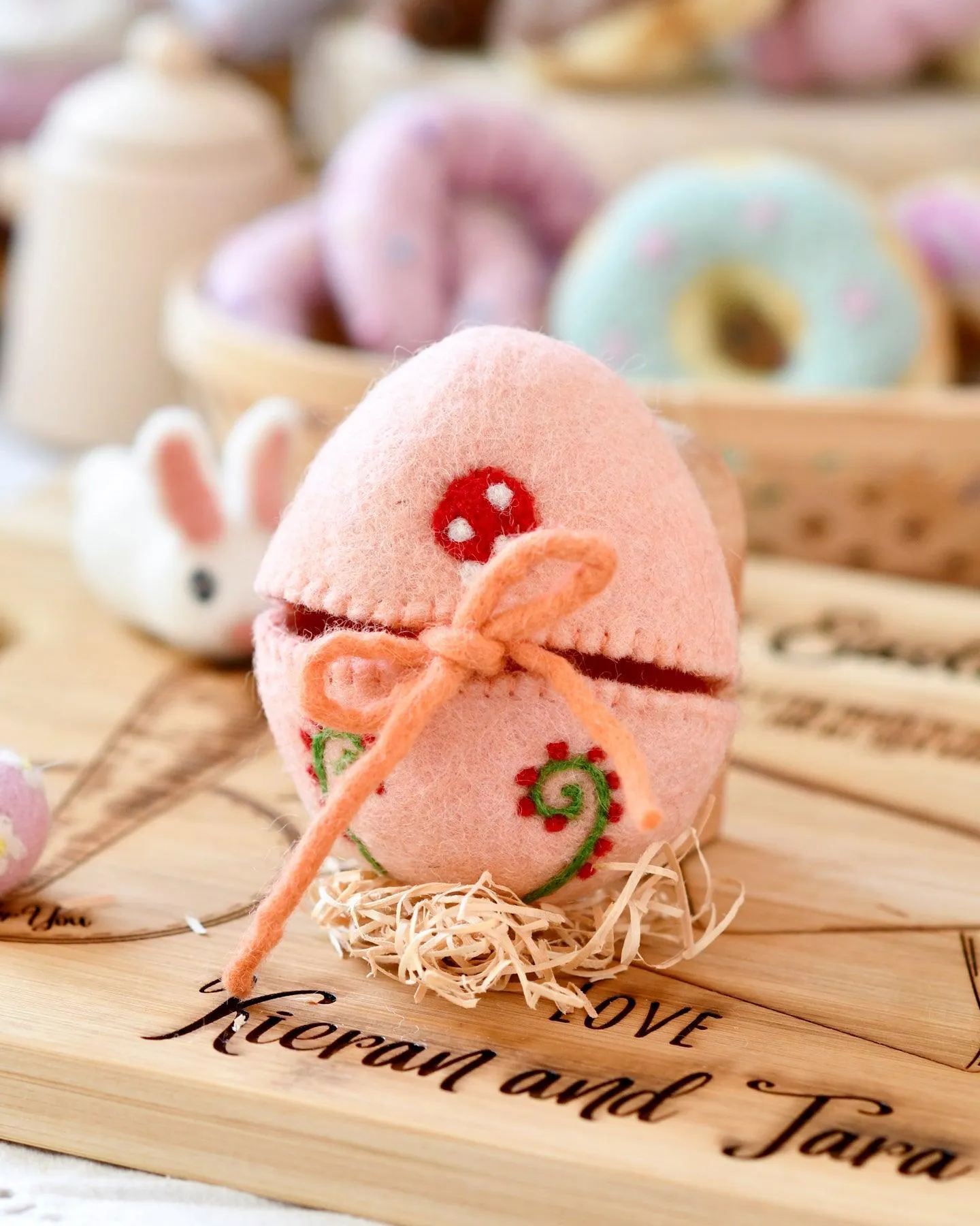 Felt Egg Cover - Peach with Mushroom Motif