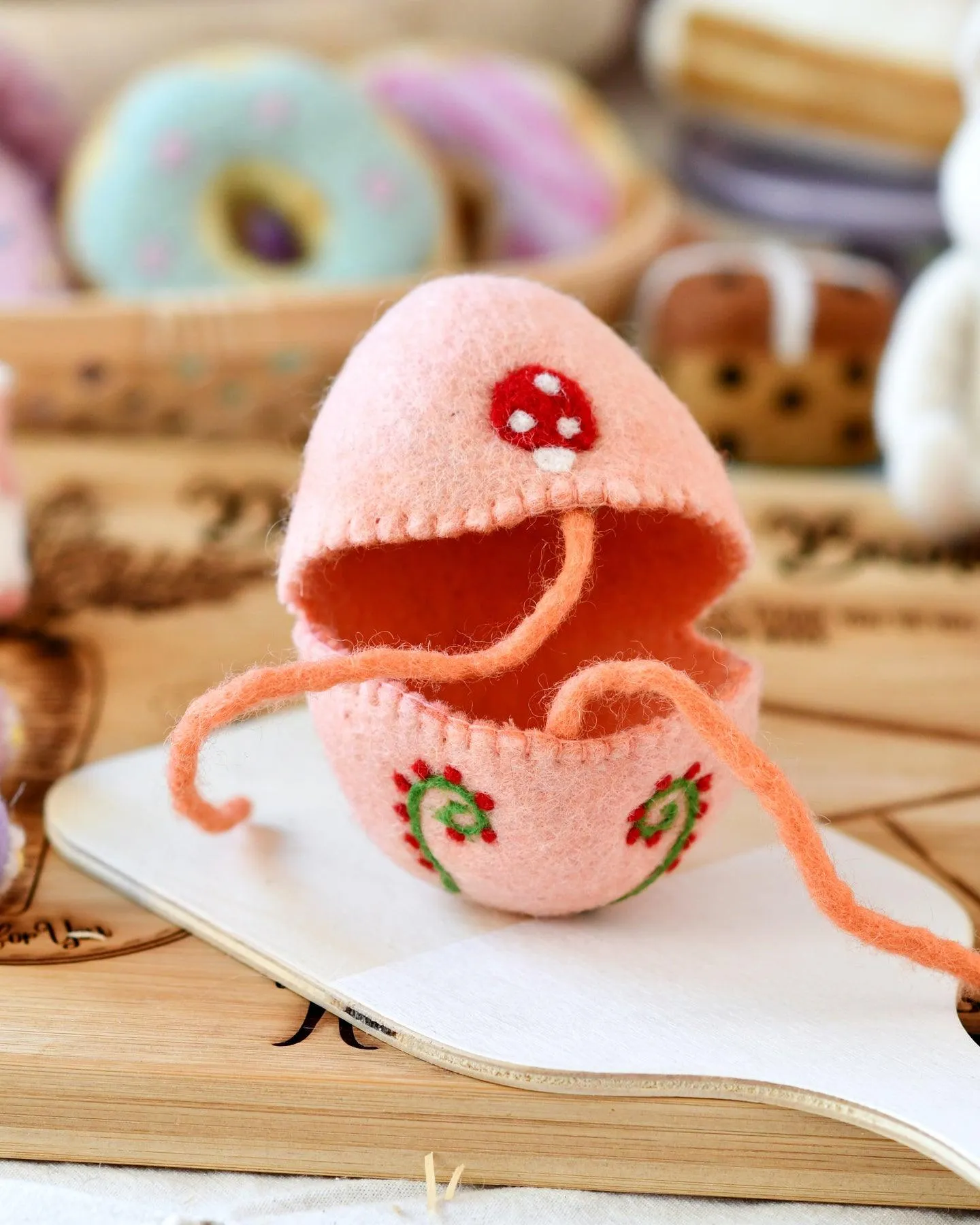 Felt Egg Cover - Peach with Mushroom Motif