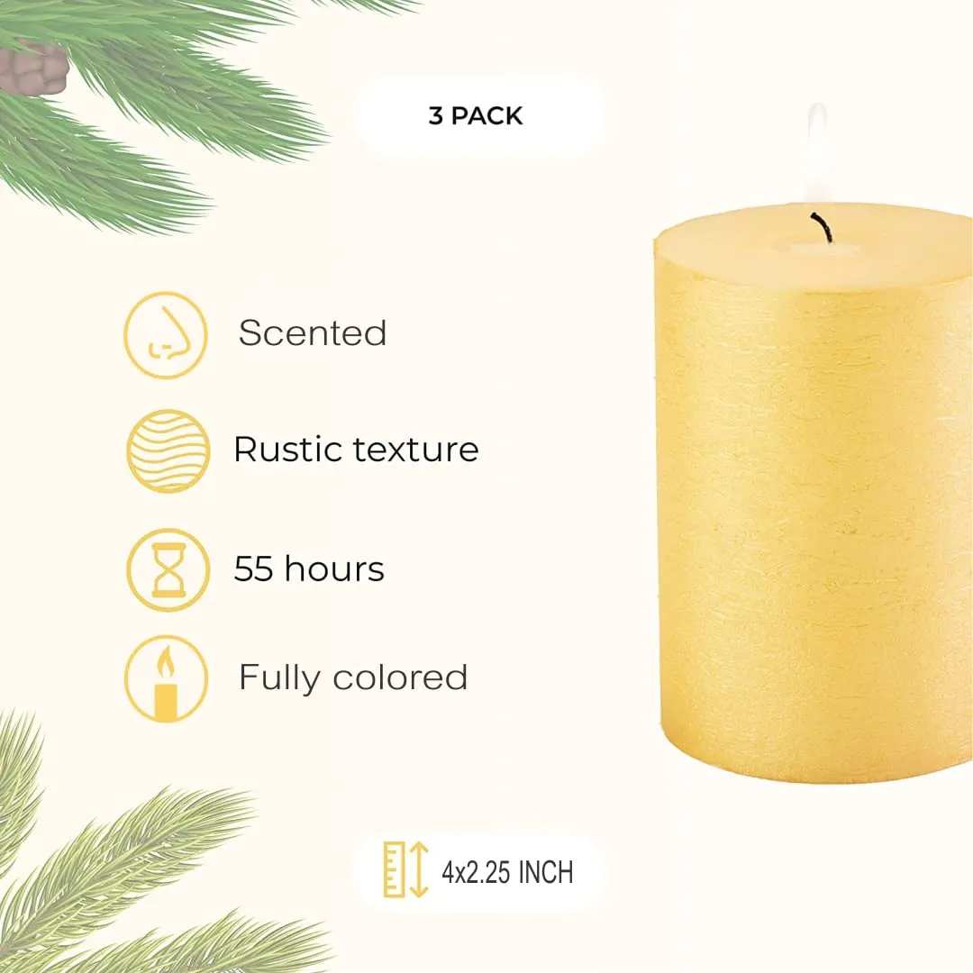 First Row Aromatic Fables Scented Pillar Candle Set of 3 | Decorative Rustic Candles Natural Scented and No Drip Candles | Ideal for Wedding, Home Decor and Gifting (4x2.25 inch, Yellow)