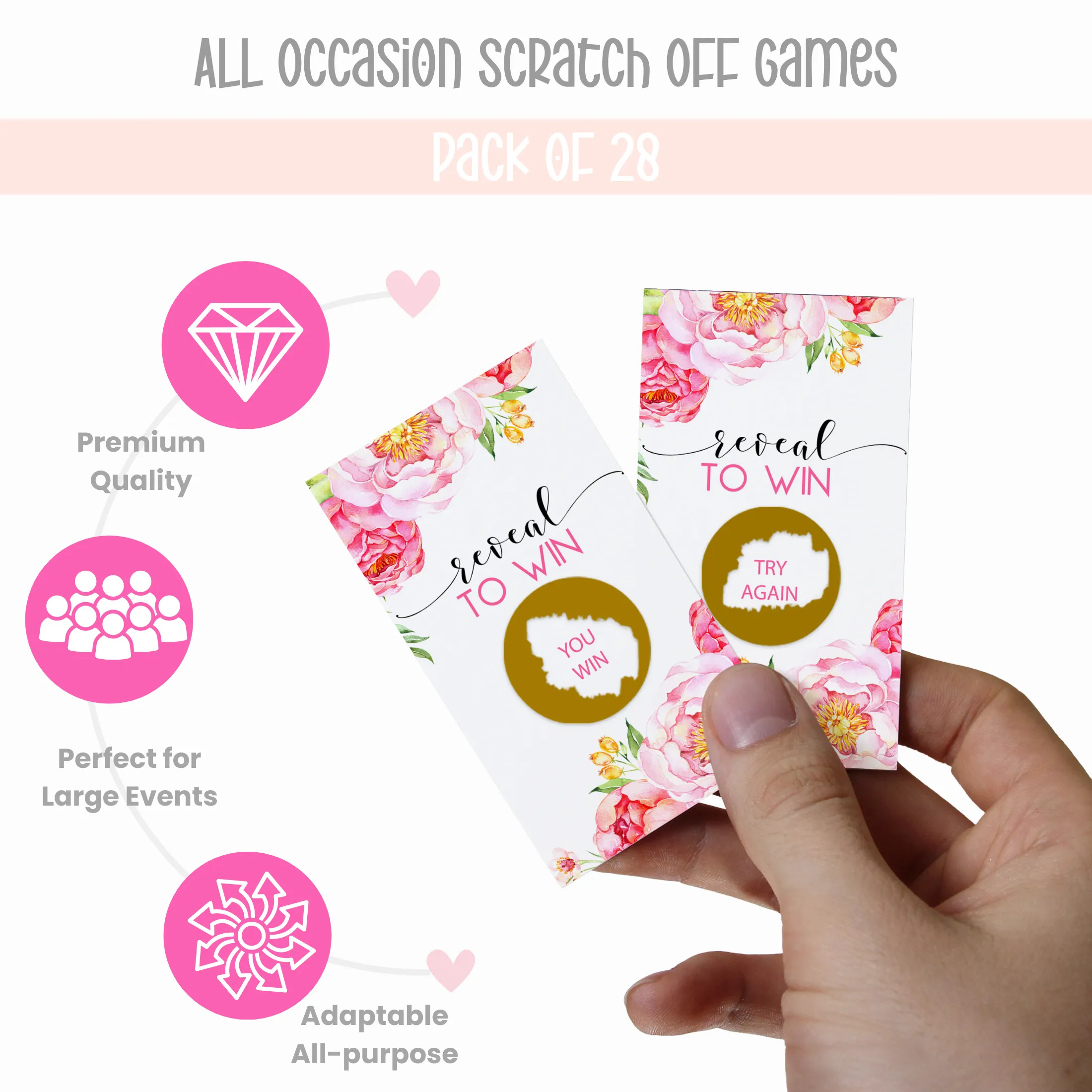 Garden Party Cottage Floral Scratch-Off Games (28 Pack) - Pink & Gold, Wedding & Girls Baby Shower Raffle Tickets