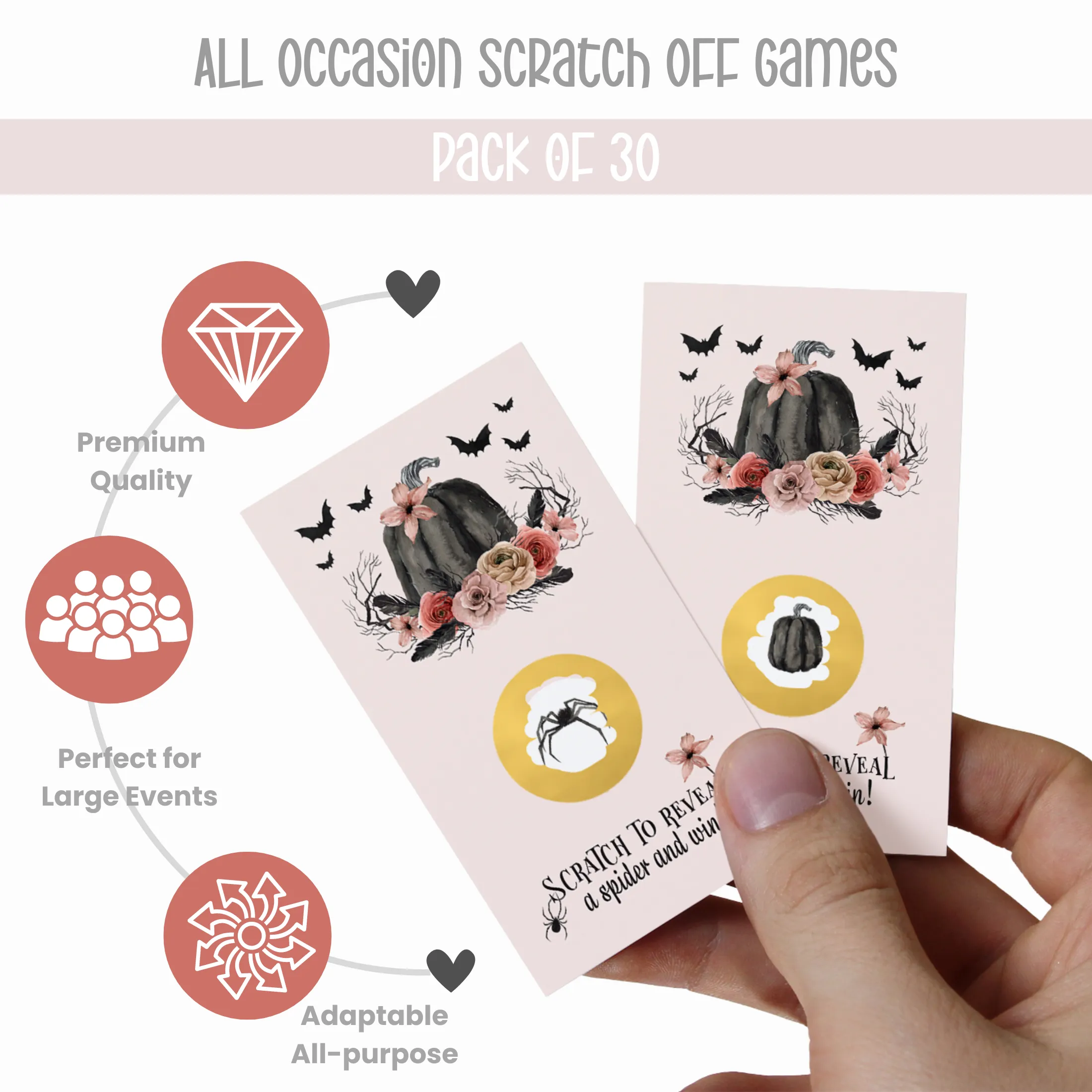 Gothic Scratch Off Bridal Shower Games for Halloween Wedding, Fall Festival, Adults, Scratcher Tickets, Pumpkin Party Favors Pink and Black, 30 Cards