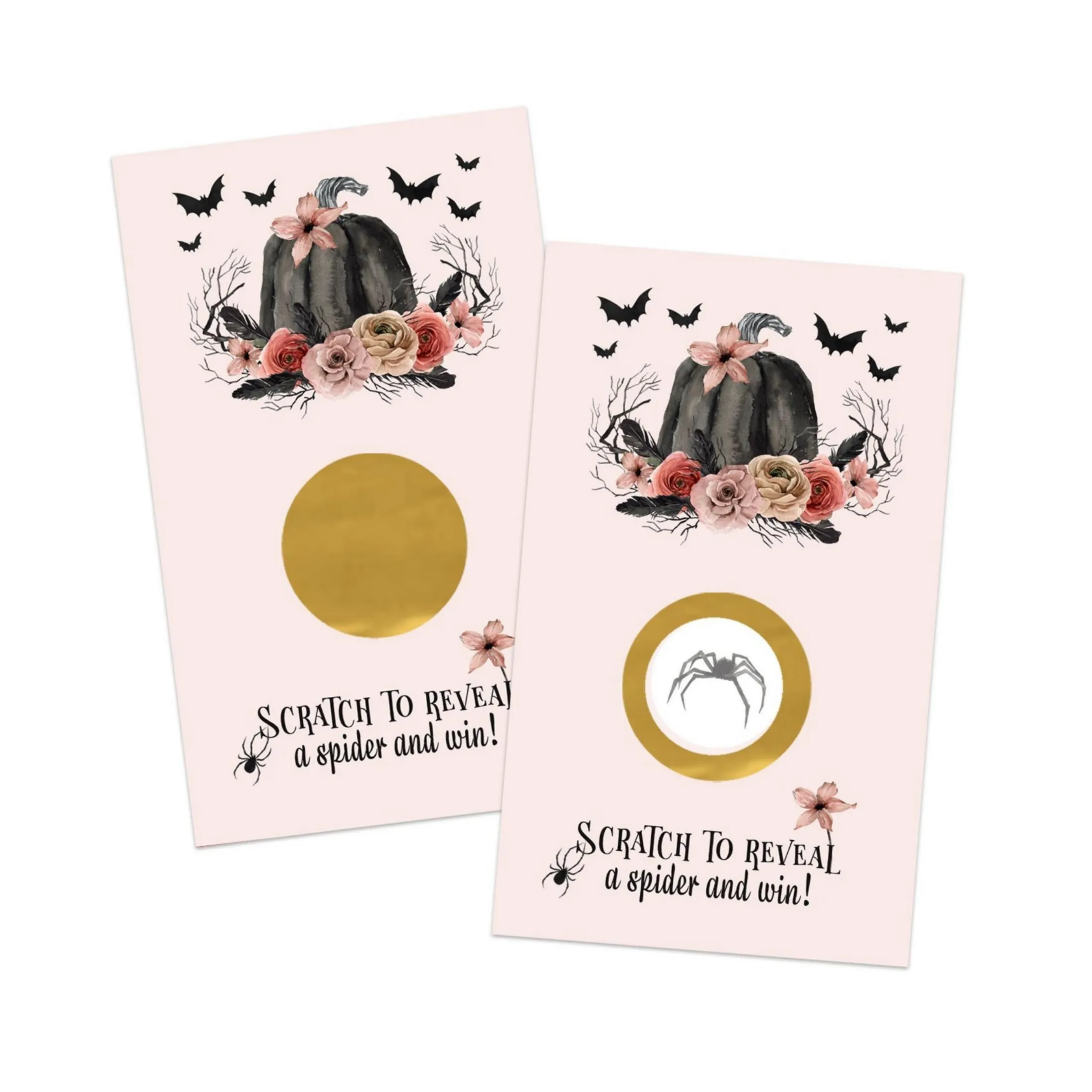 Gothic Scratch Off Bridal Shower Games for Halloween Wedding, Fall Festival, Adults, Scratcher Tickets, Pumpkin Party Favors Pink and Black, 30 Cards