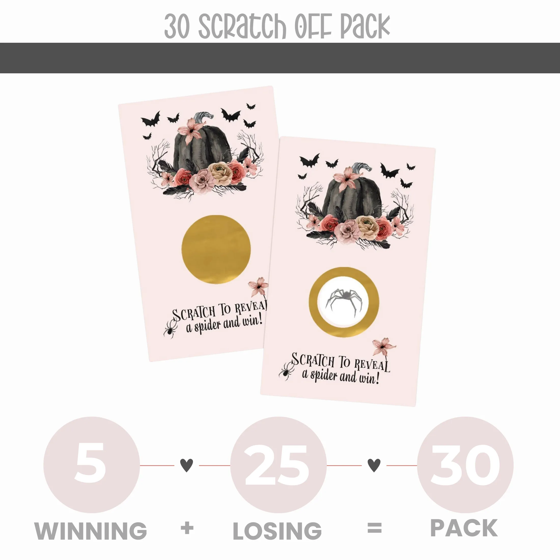 Gothic Scratch Off Bridal Shower Games for Halloween Wedding, Fall Festival, Adults, Scratcher Tickets, Pumpkin Party Favors Pink and Black, 30 Cards