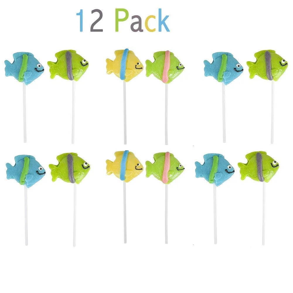 Kicko 2 Inch Tropical Fish Lollipops - Pack of 12 Assorted Fruit-Flavored Candy Suckers