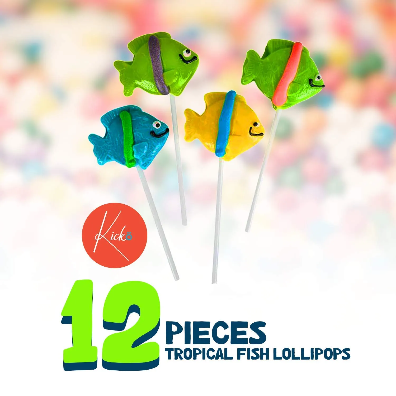 Kicko 2 Inch Tropical Fish Lollipops - Pack of 12 Assorted Fruit-Flavored Candy Suckers