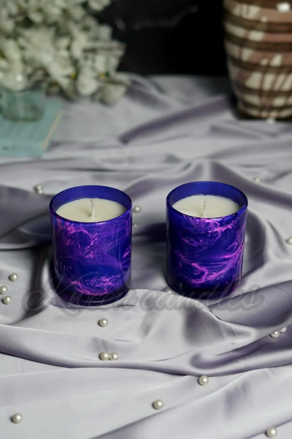 Kween Purple Marble Finish Glass Scented Candles (Set of 2)