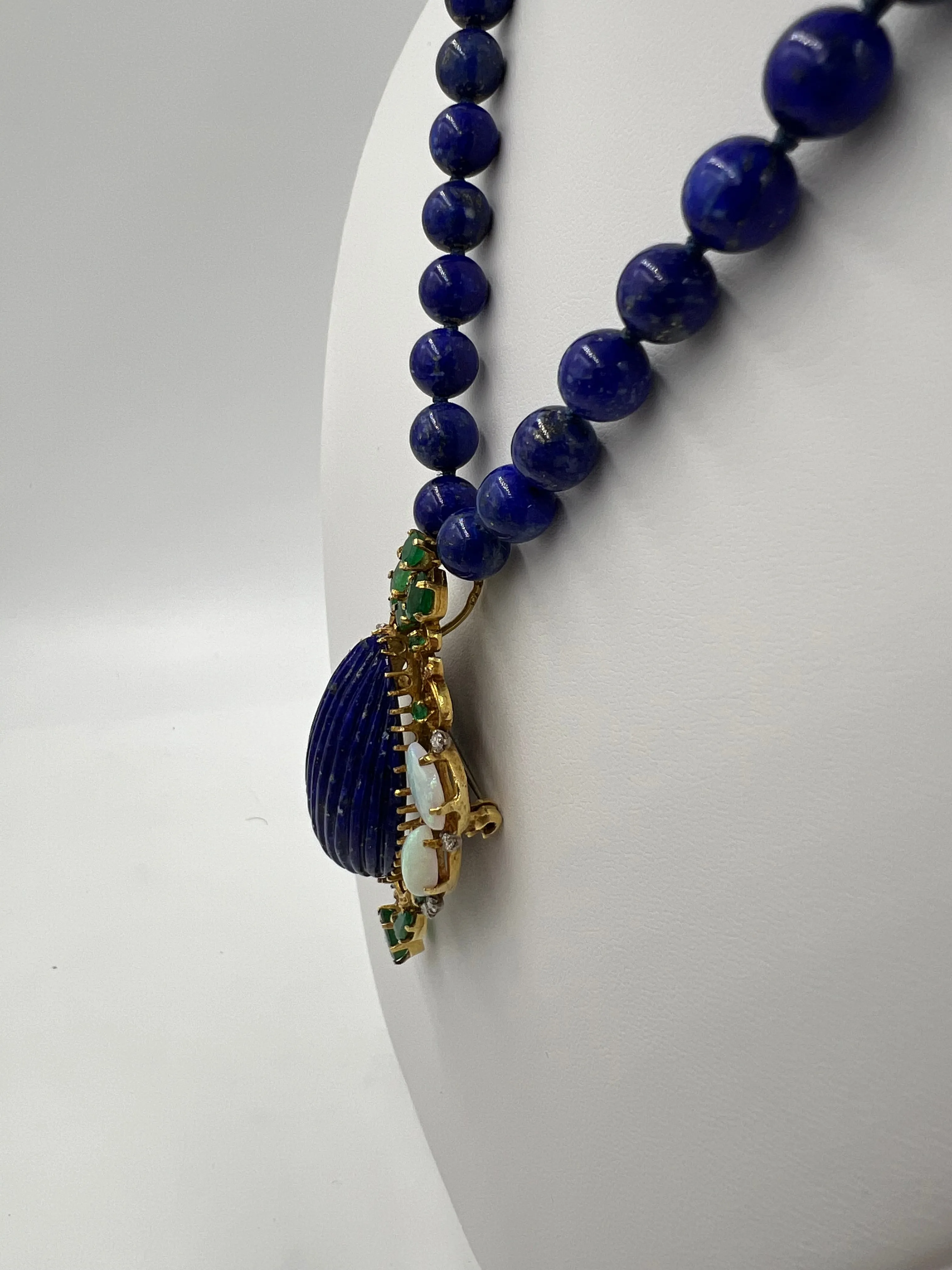 Lapis Emerald Opal Diamond Yellow Gold Pendant Necklace Circa 1970s