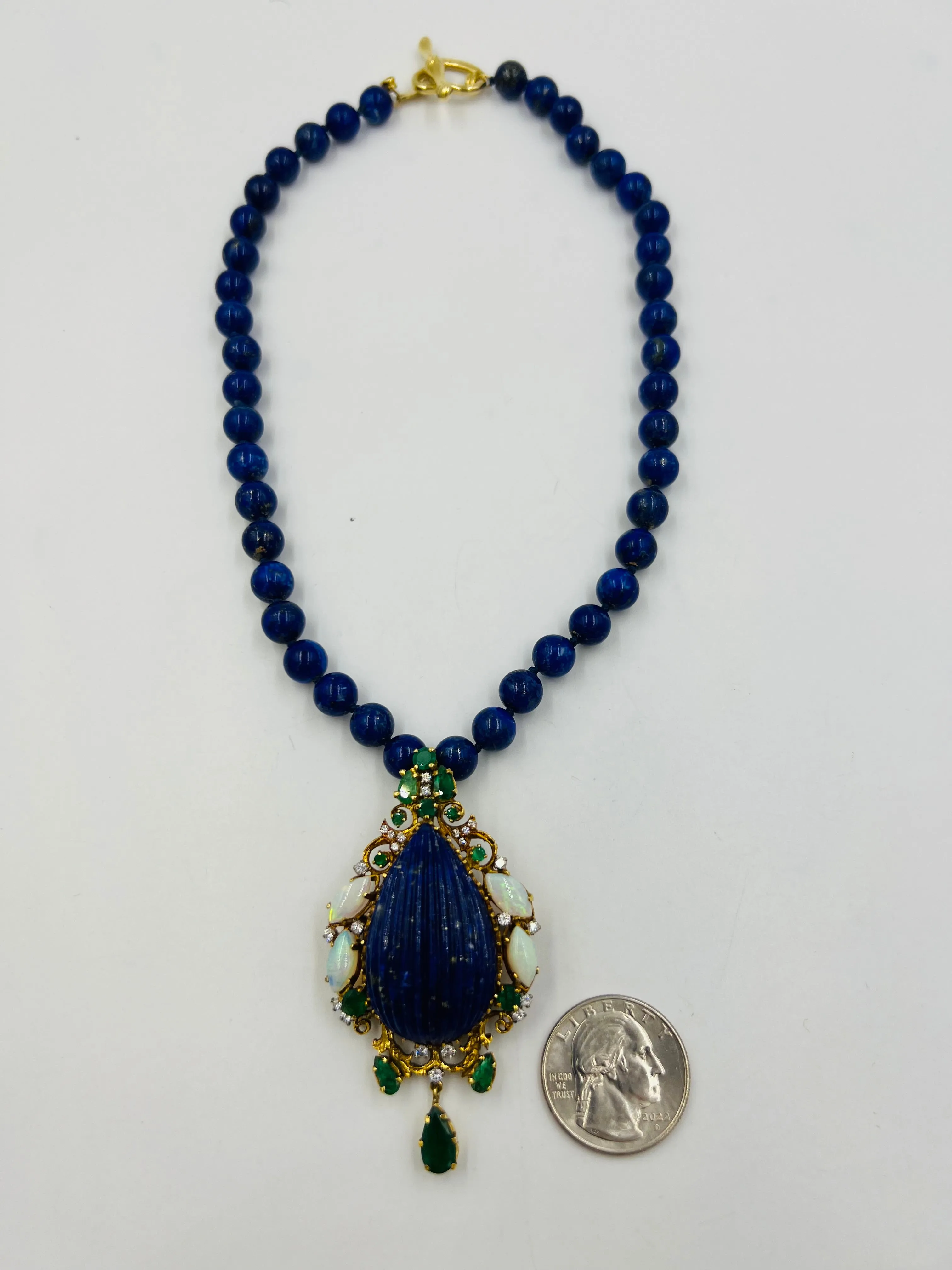 Lapis Emerald Opal Diamond Yellow Gold Pendant Necklace Circa 1970s