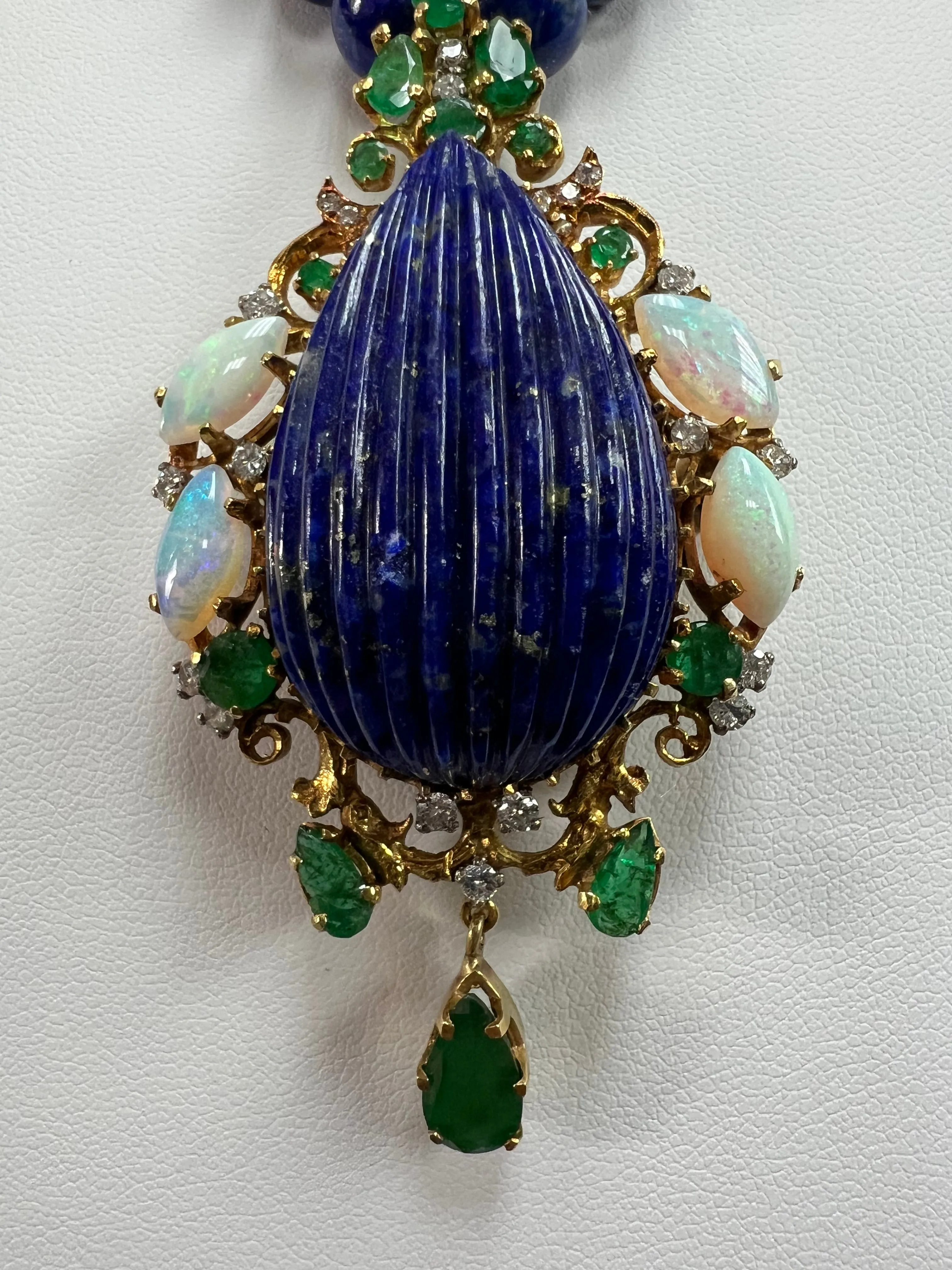 Lapis Emerald Opal Diamond Yellow Gold Pendant Necklace Circa 1970s