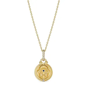 Little Luxuries Hamsa Medallion Necklace with Blue Sapphire and Diamonds in 18K