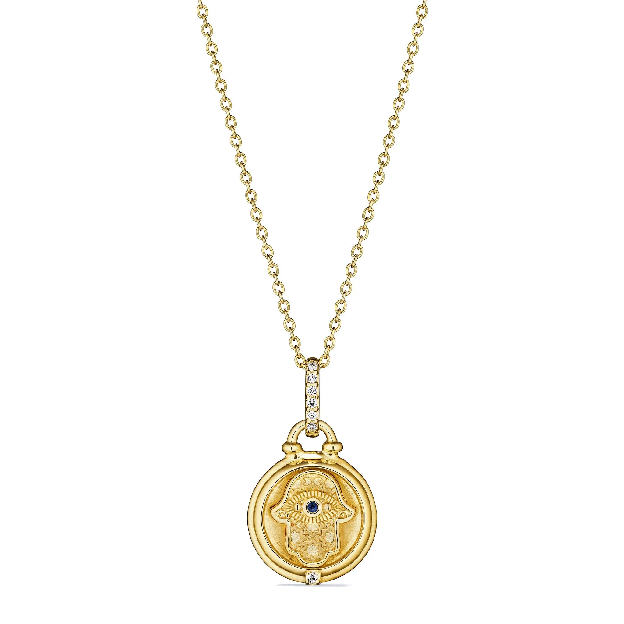 Little Luxuries Hamsa Medallion Necklace with Blue Sapphire and Diamonds in 18K