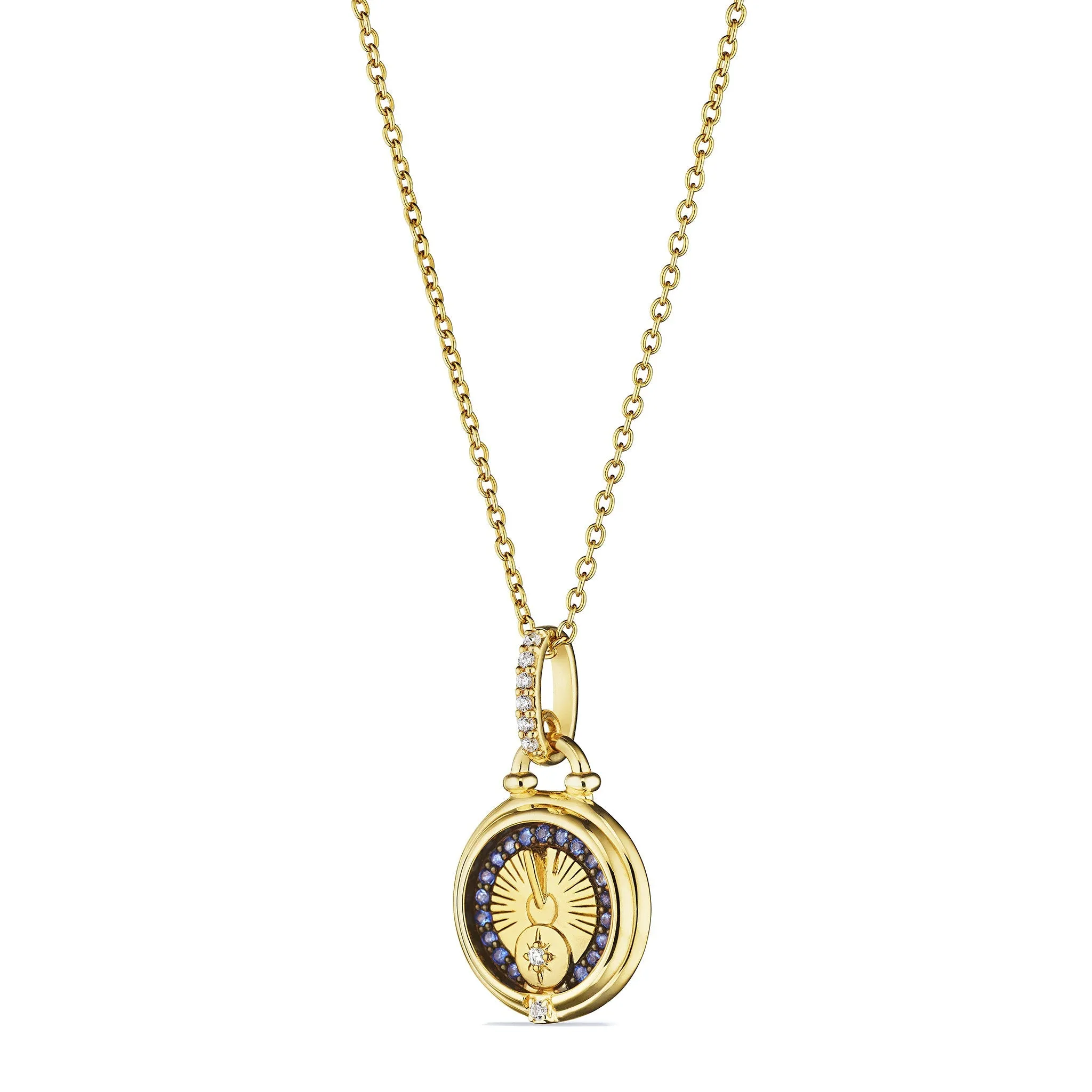 Little Luxuries Sun Dial Medallion Necklace with Blue Sapphire and Diamonds in 18K