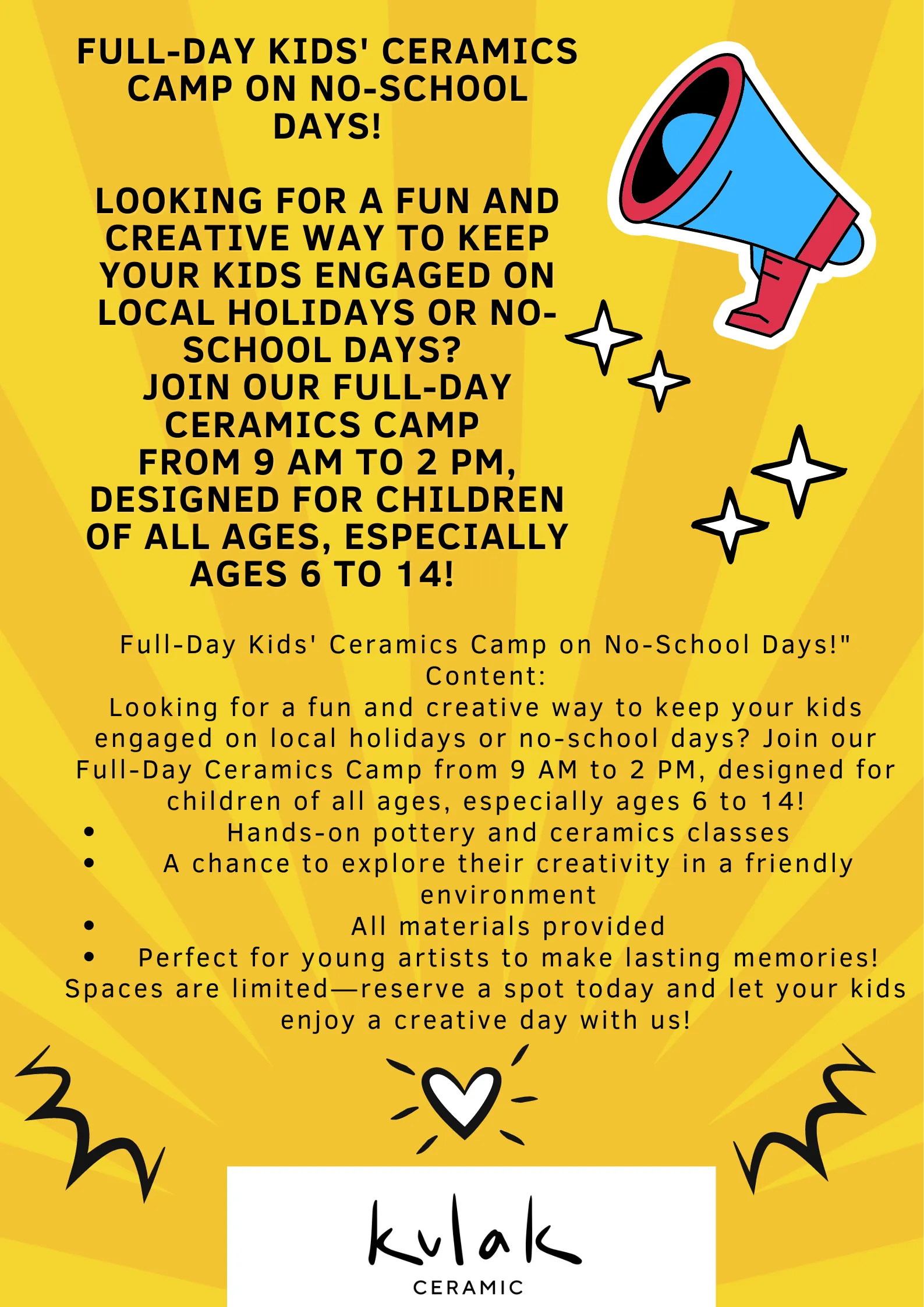 Local Holidays Kids Ceramic Camp on No-School Days