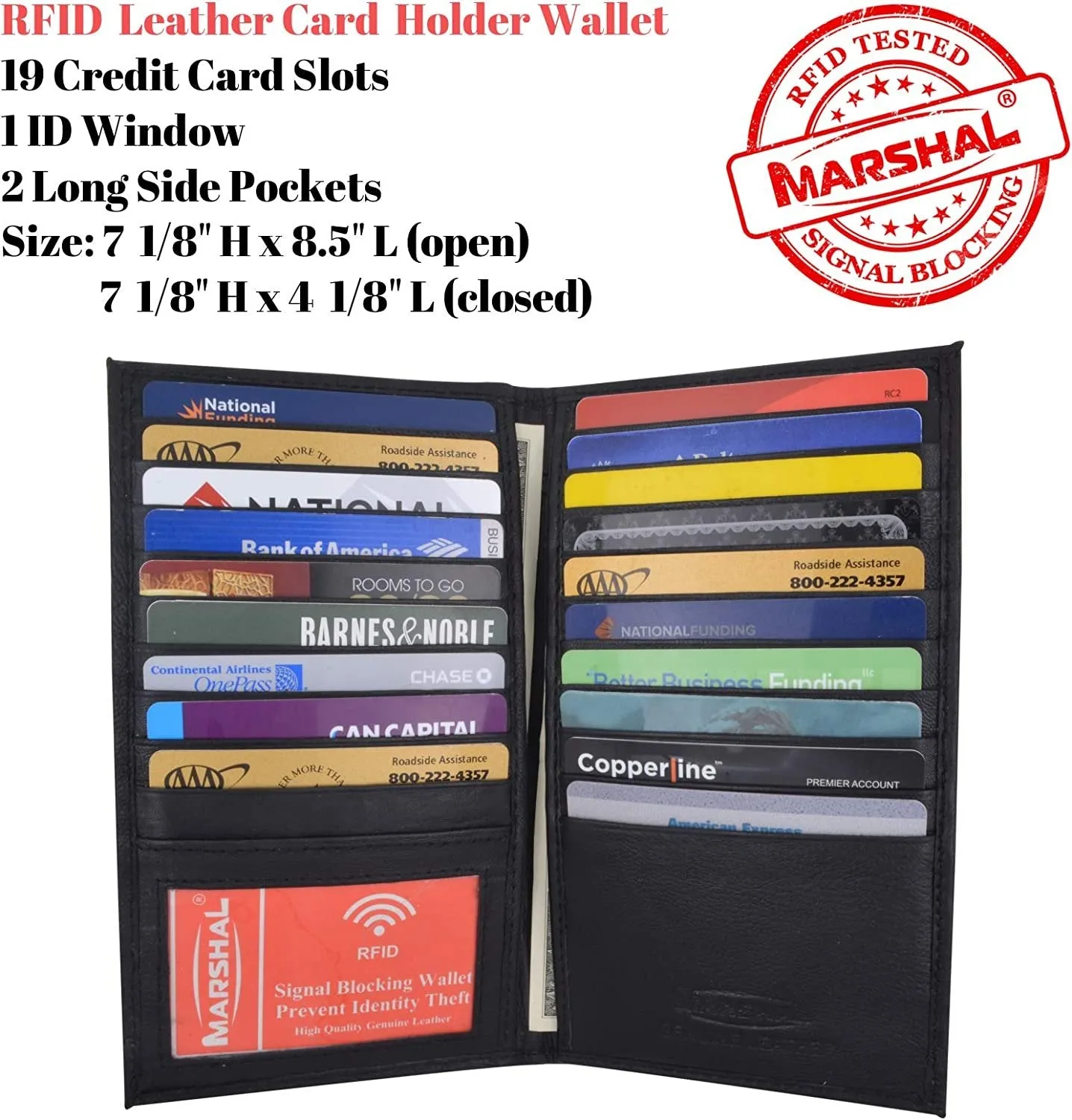 Marshal bifold leather rfid blocking wallet for men & women | genuine leather holder with 19 slots, 2 bill compartments & id window for credit/debit cards, money & more (black)