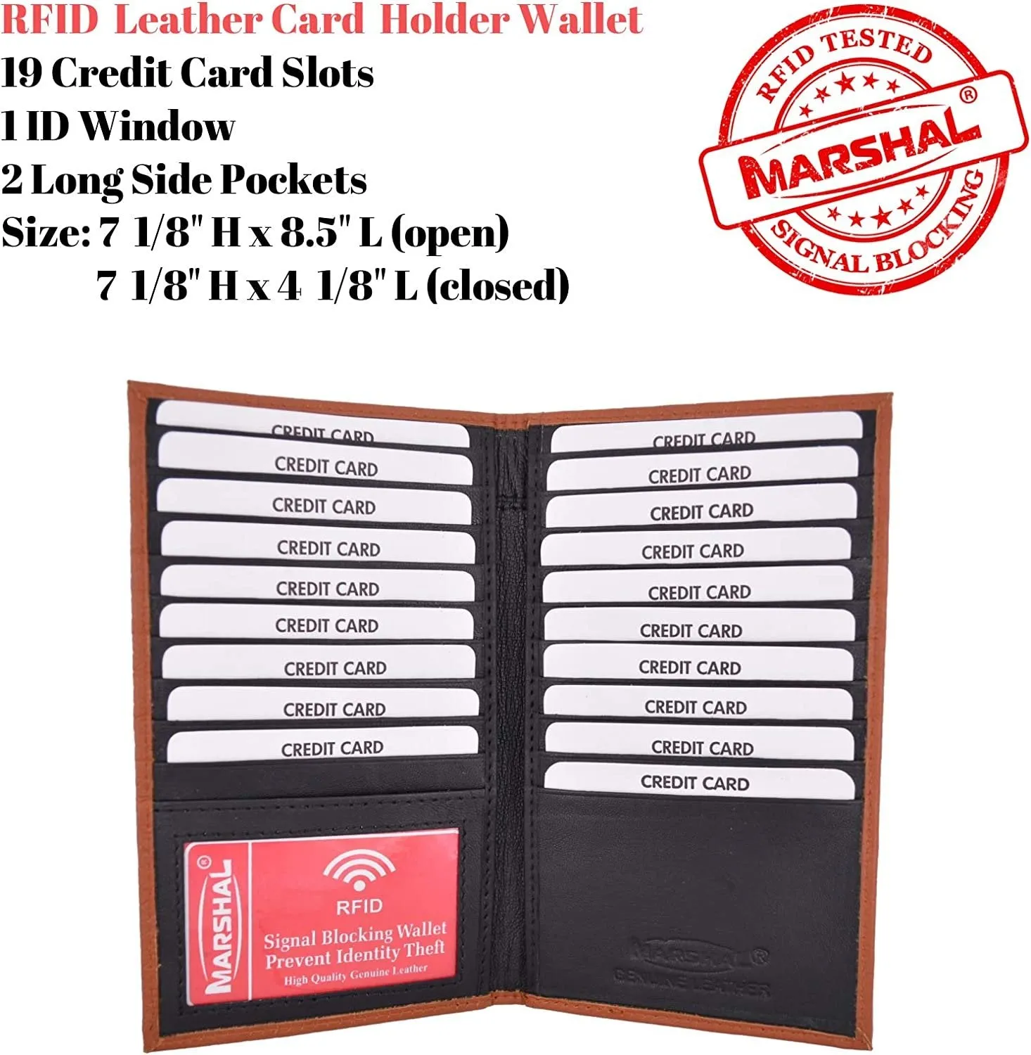 Marshal bifold leather rfid blocking wallet for men & women | genuine leather holder with 19 slots, 2 bill compartments & id window for credit/debit cards, money & more (black)