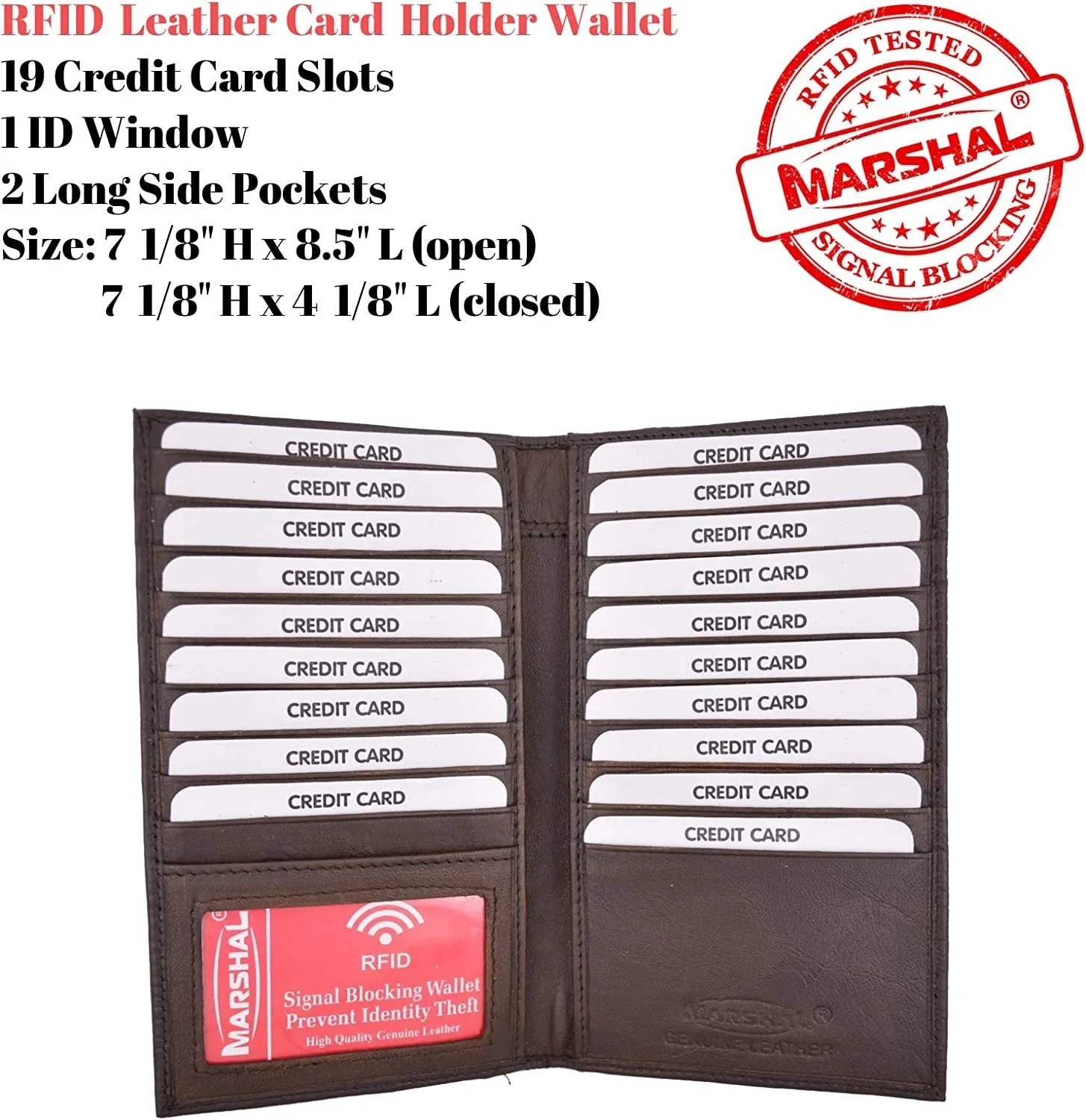 Marshal bifold leather rfid blocking wallet for men & women | genuine leather holder with 19 slots, 2 bill compartments & id window for credit/debit cards, money & more (black)