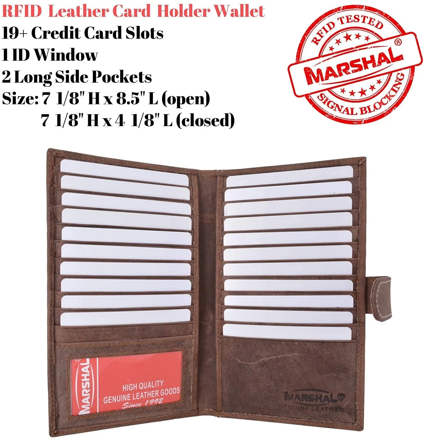 Marshal bifold leather rfid blocking wallet for men & women | genuine leather holder with 19 slots, 2 bill compartments & id window for credit/debit cards, money & more (black)