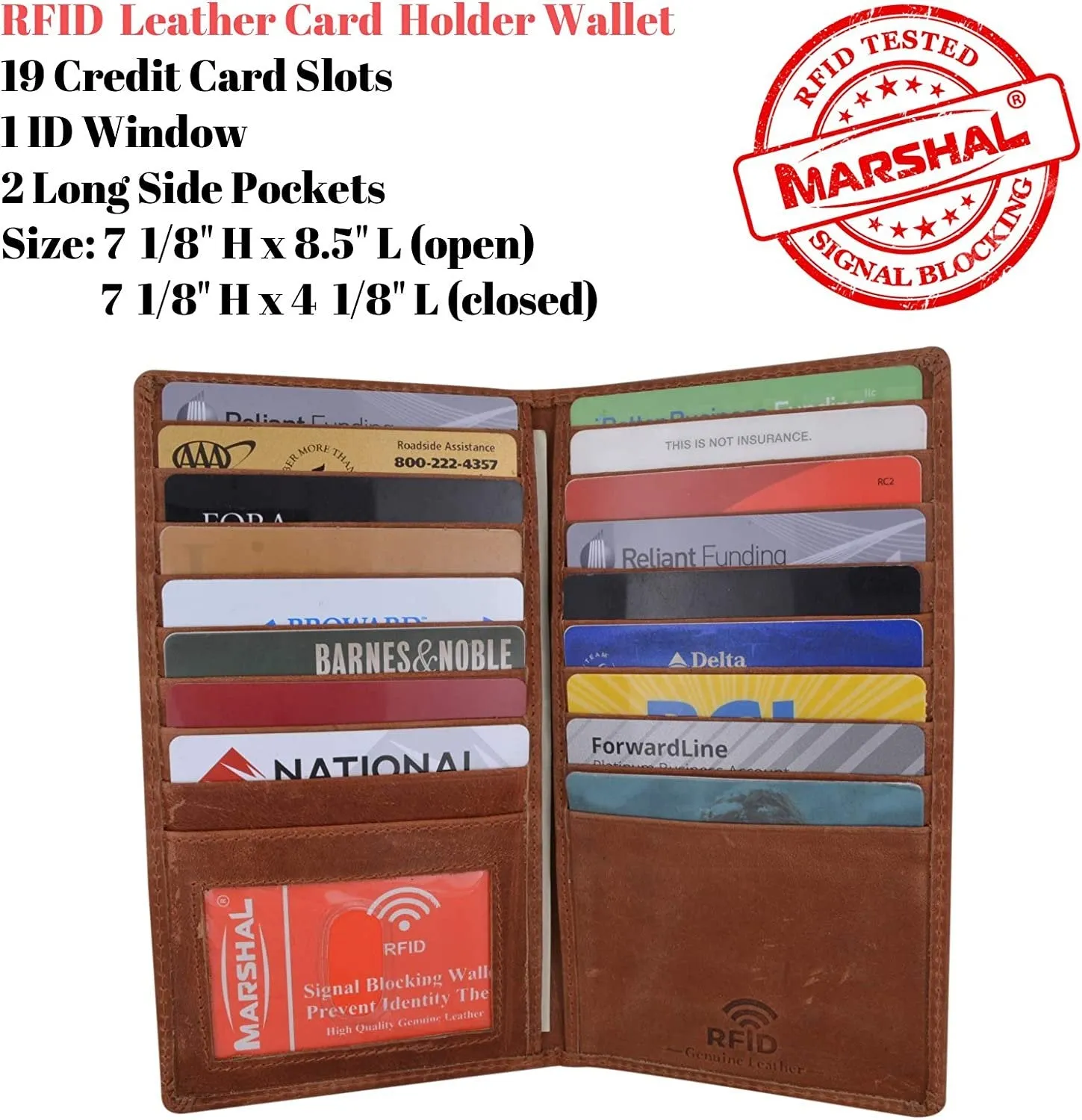 Marshal bifold leather rfid blocking wallet for men & women | genuine leather holder with 19 slots, 2 bill compartments & id window for credit/debit cards, money & more (black)