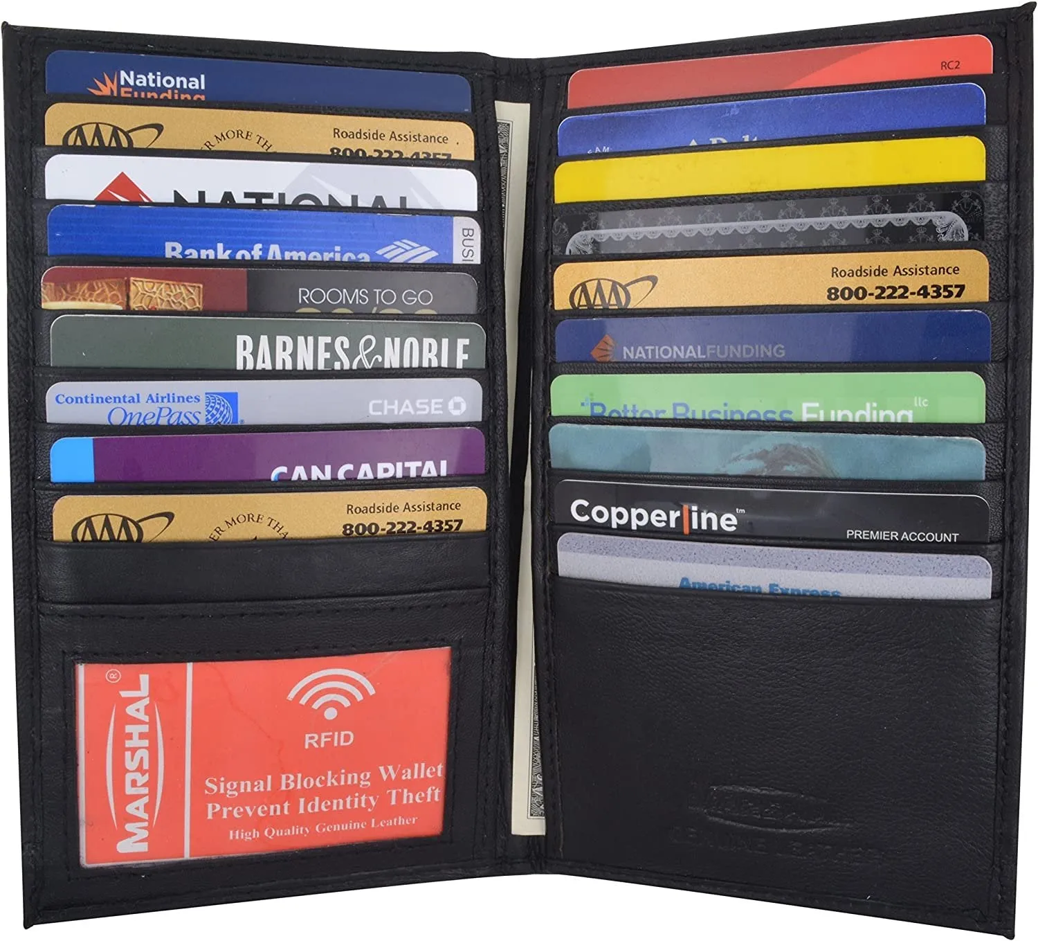 Marshal bifold leather rfid blocking wallet for men & women | genuine leather holder with 19 slots, 2 bill compartments & id window for credit/debit cards, money & more (black)