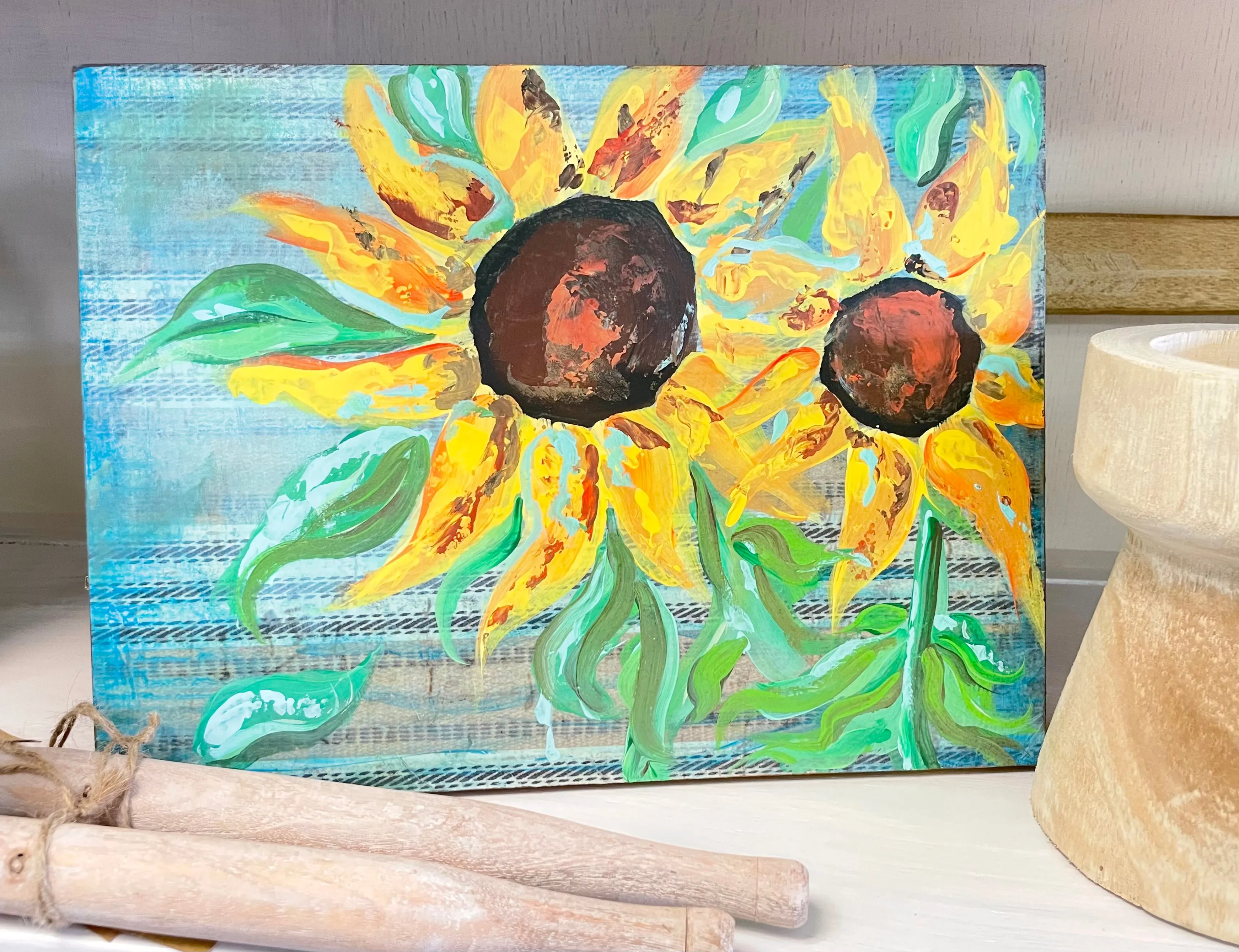 Mixed Media Sunflower on wooden canvas