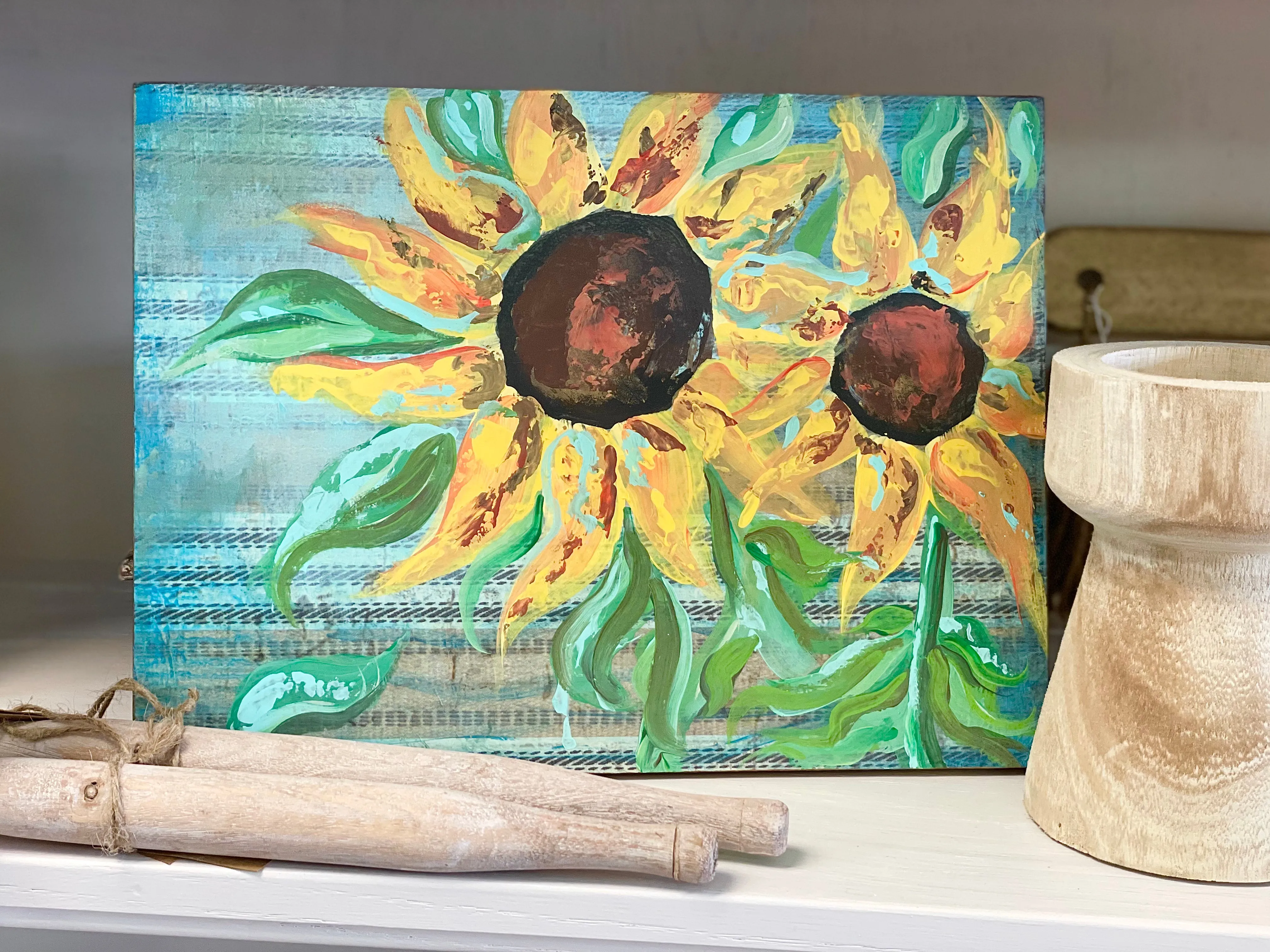 Mixed Media Sunflower on wooden canvas