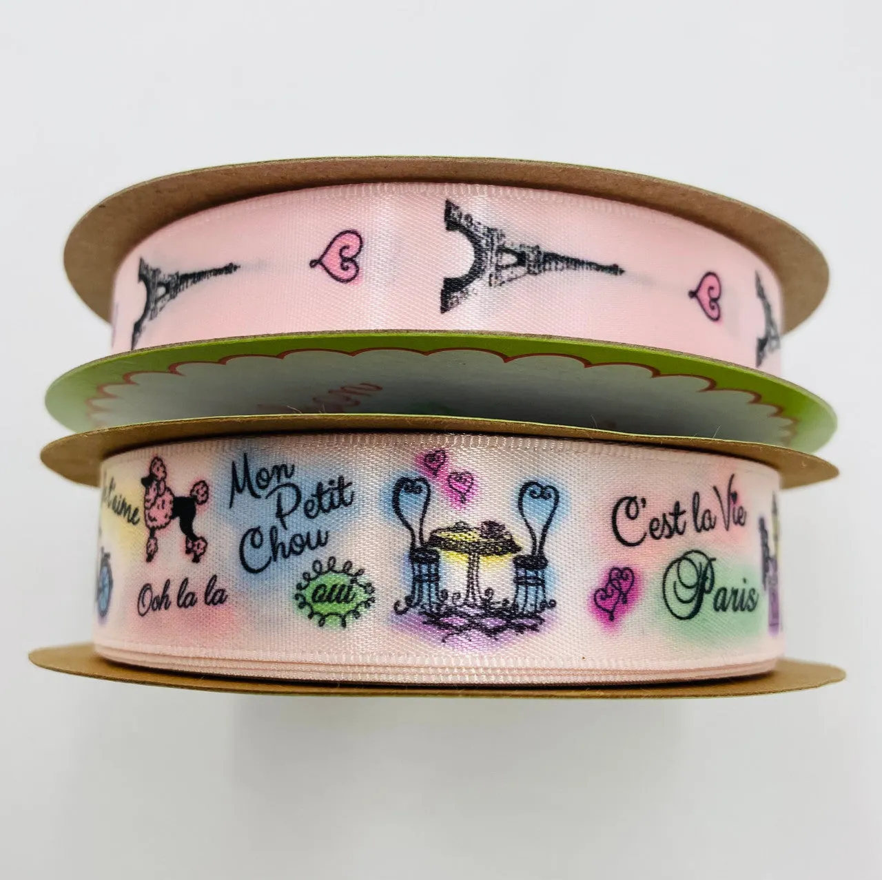 Paris ribbon with images of Paris scenes printed on 7/8" blush double face satin