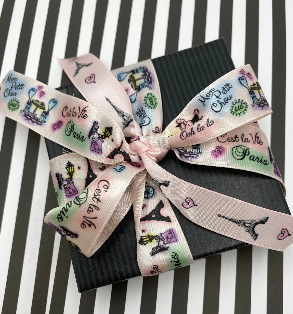 Paris ribbon with images of Paris scenes printed on 7/8" blush double face satin