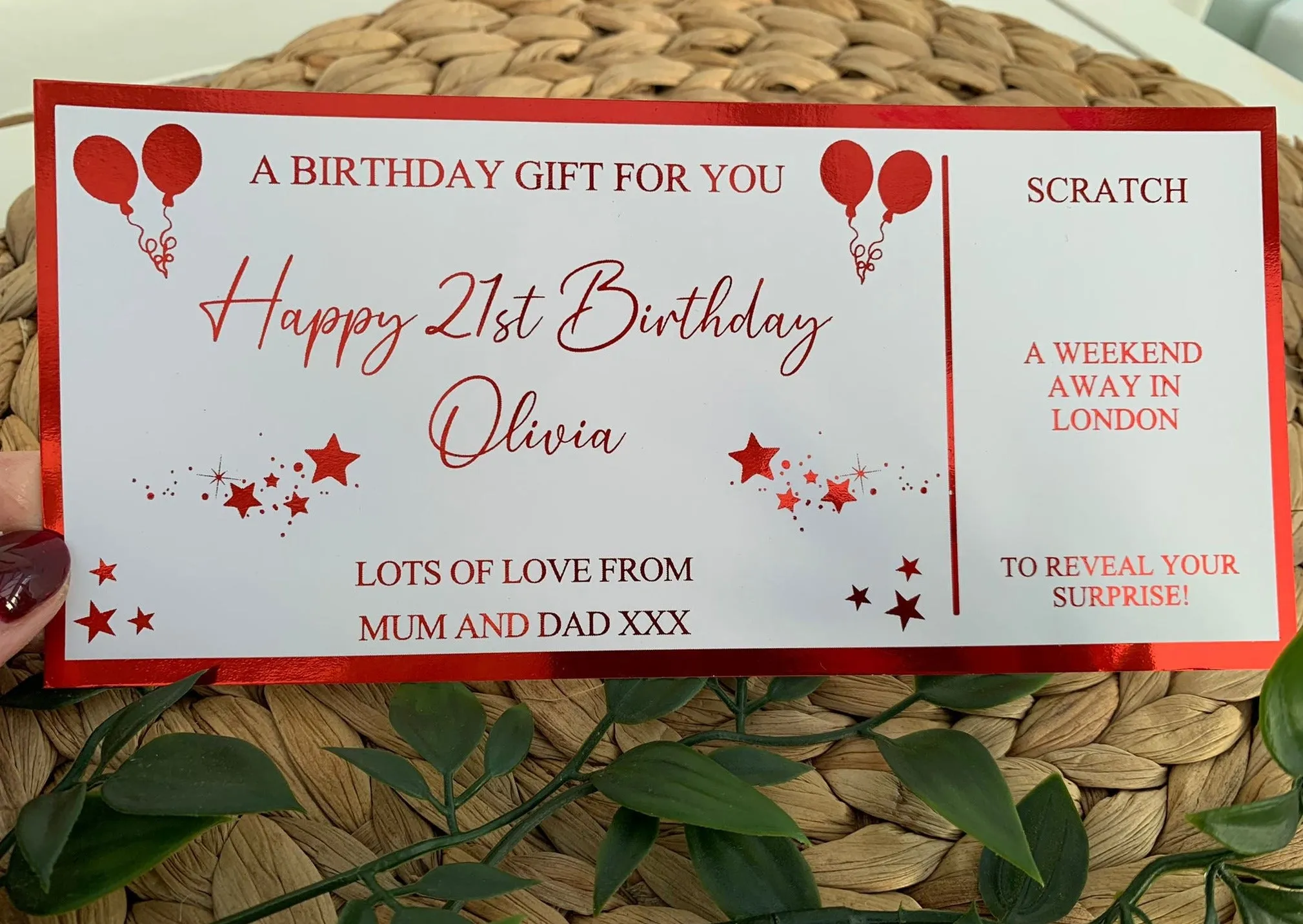 Personalised Birthday Card Foil Voucher Ticket, Surprise Reveal, Spa Day, Experience, Afternoon Tea