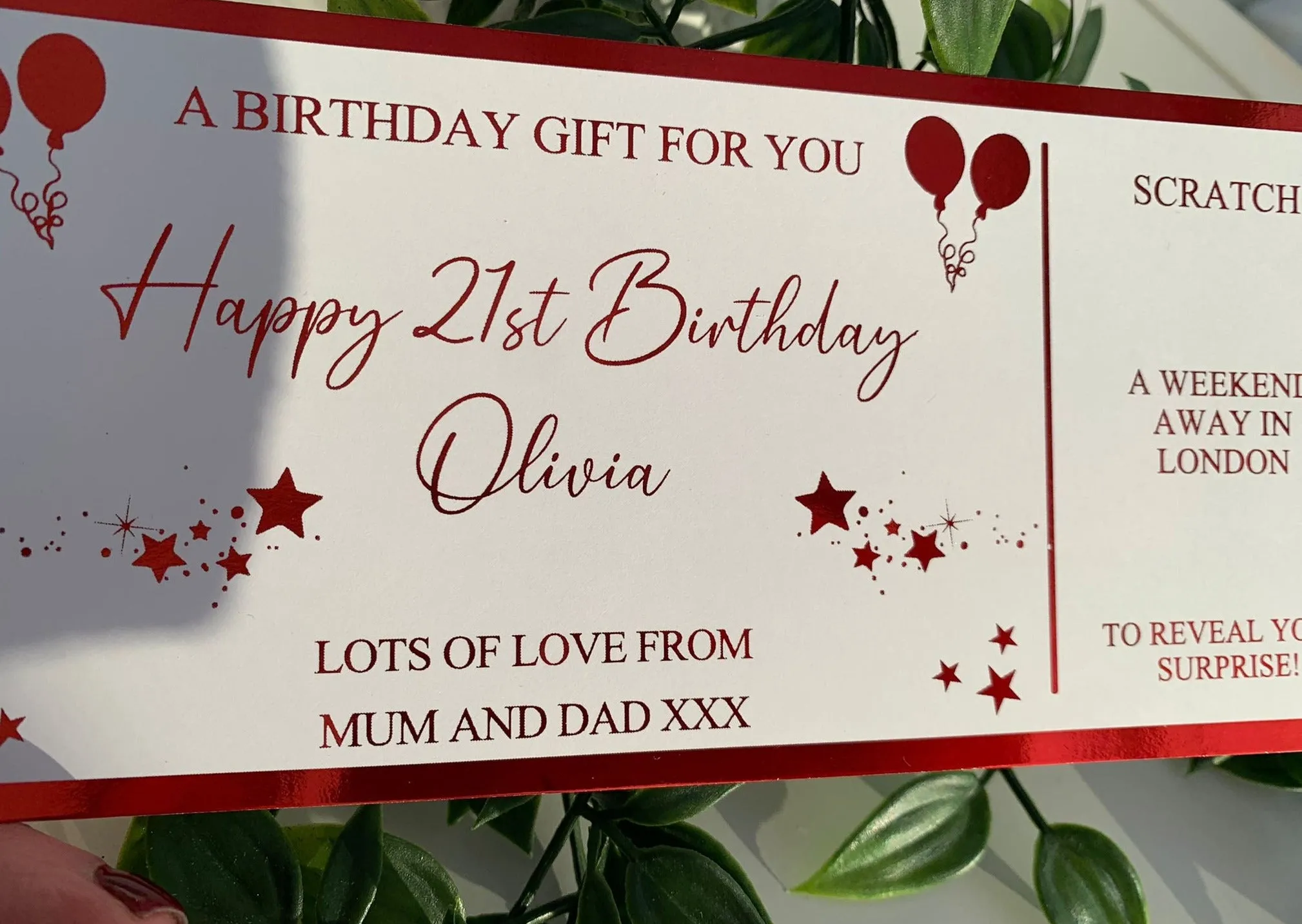 Personalised Birthday Card Foil Voucher Ticket, Surprise Reveal, Spa Day, Experience, Afternoon Tea