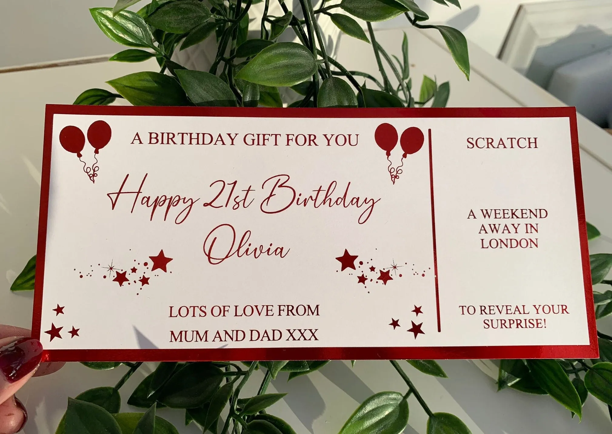 Personalised Birthday Card Foil Voucher Ticket, Surprise Reveal, Spa Day, Experience, Afternoon Tea