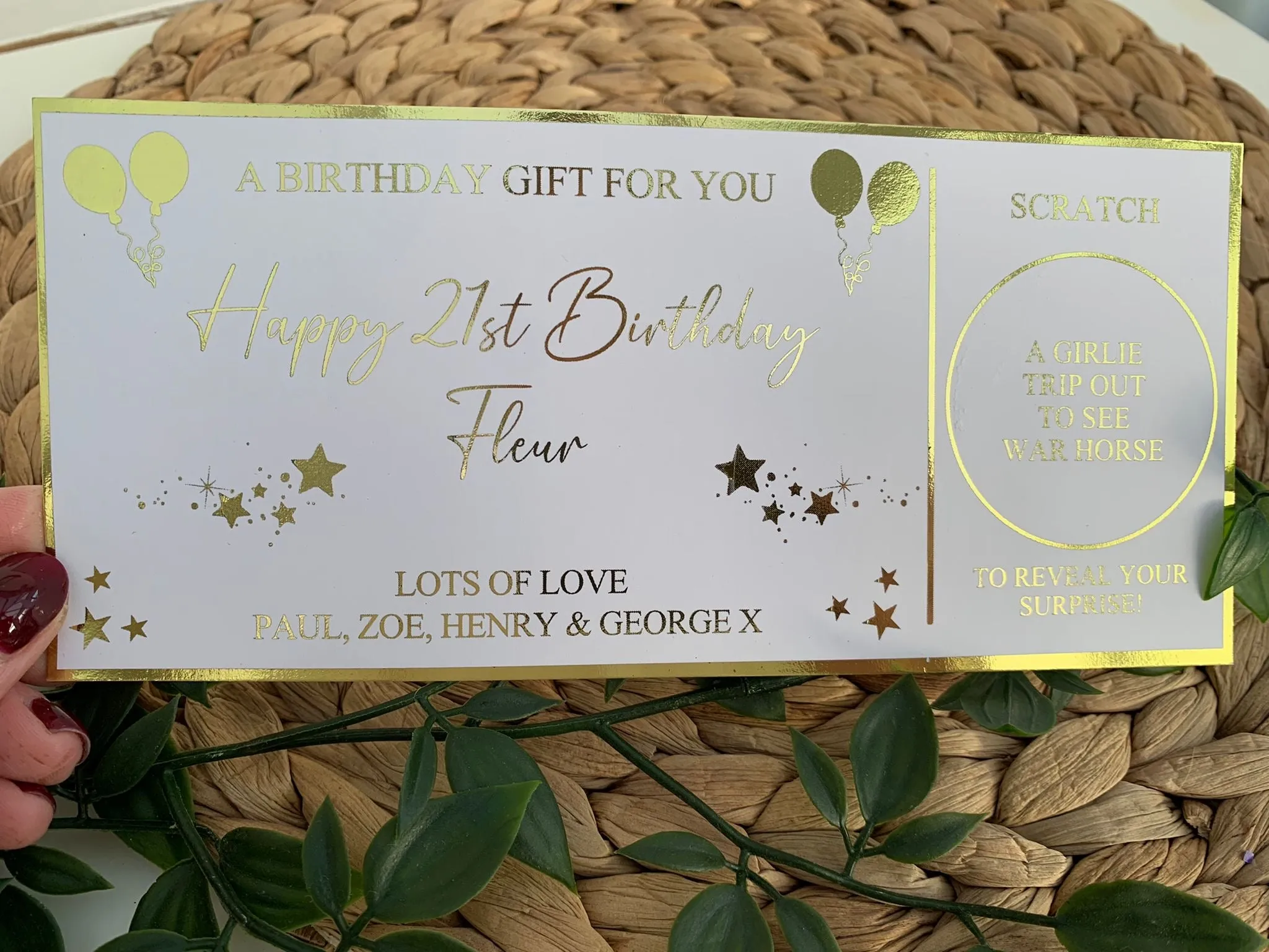 Personalised Birthday Card Foil Voucher Ticket, Surprise Reveal, Spa Day, Experience, Afternoon Tea