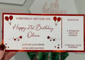 Personalised Birthday Card Foil Voucher Ticket, Surprise Reveal, Spa Day, Experience, Afternoon Tea